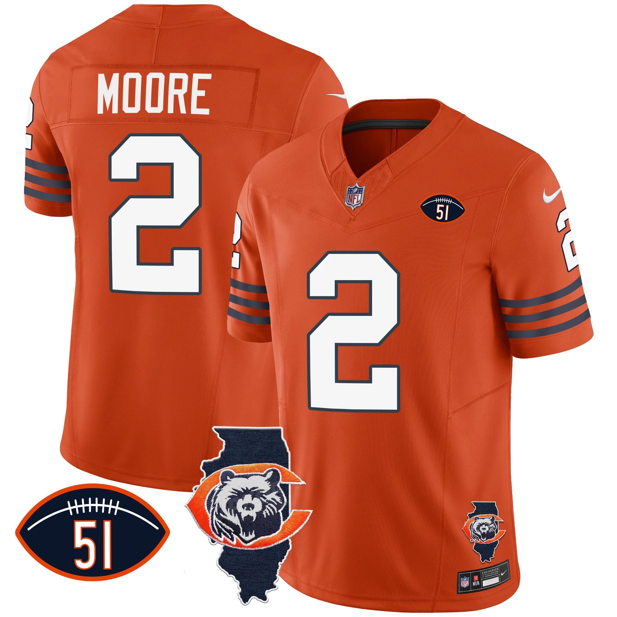 Hunk Wear - Bears Throwback Illinois Patch Vapor Jersey – All Stitched – Orange – D.J. Moore Jersey