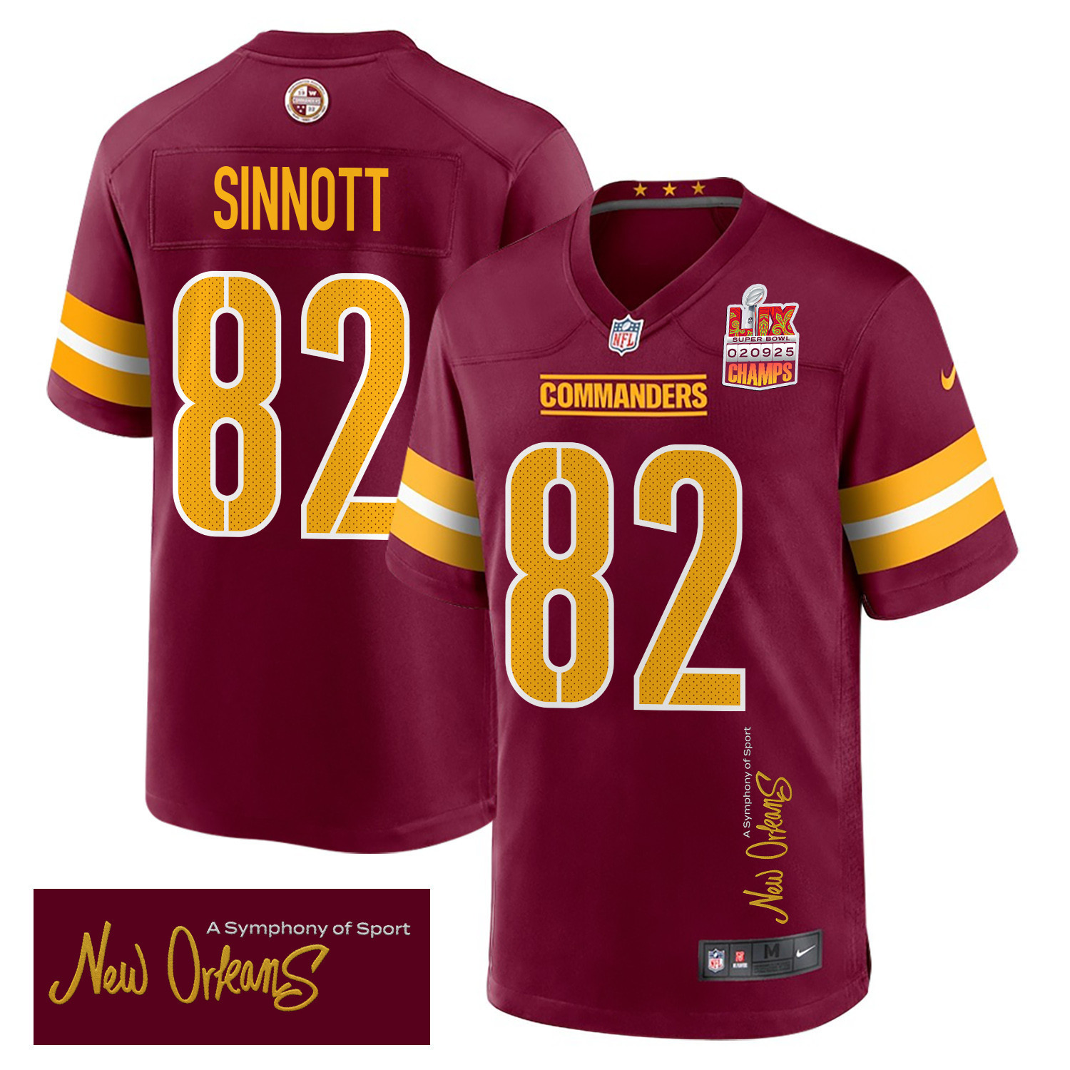 Hunk Wear - Ben Sinnott 82 Washington Commanders Super Bowl LIX Champions Patch 'New Orleans ' A Symphony of Sport' EMBROIDERED Game Men Jersey ' Burgundy