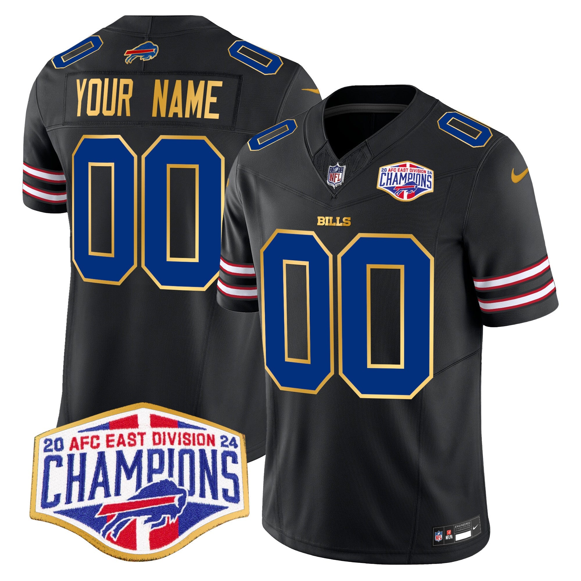 Hunk Wear - Bills 2024 AFC East Division Champions Gold Trim Vapor Limited Custom Jersey ' All Stitched ' Black Jersey