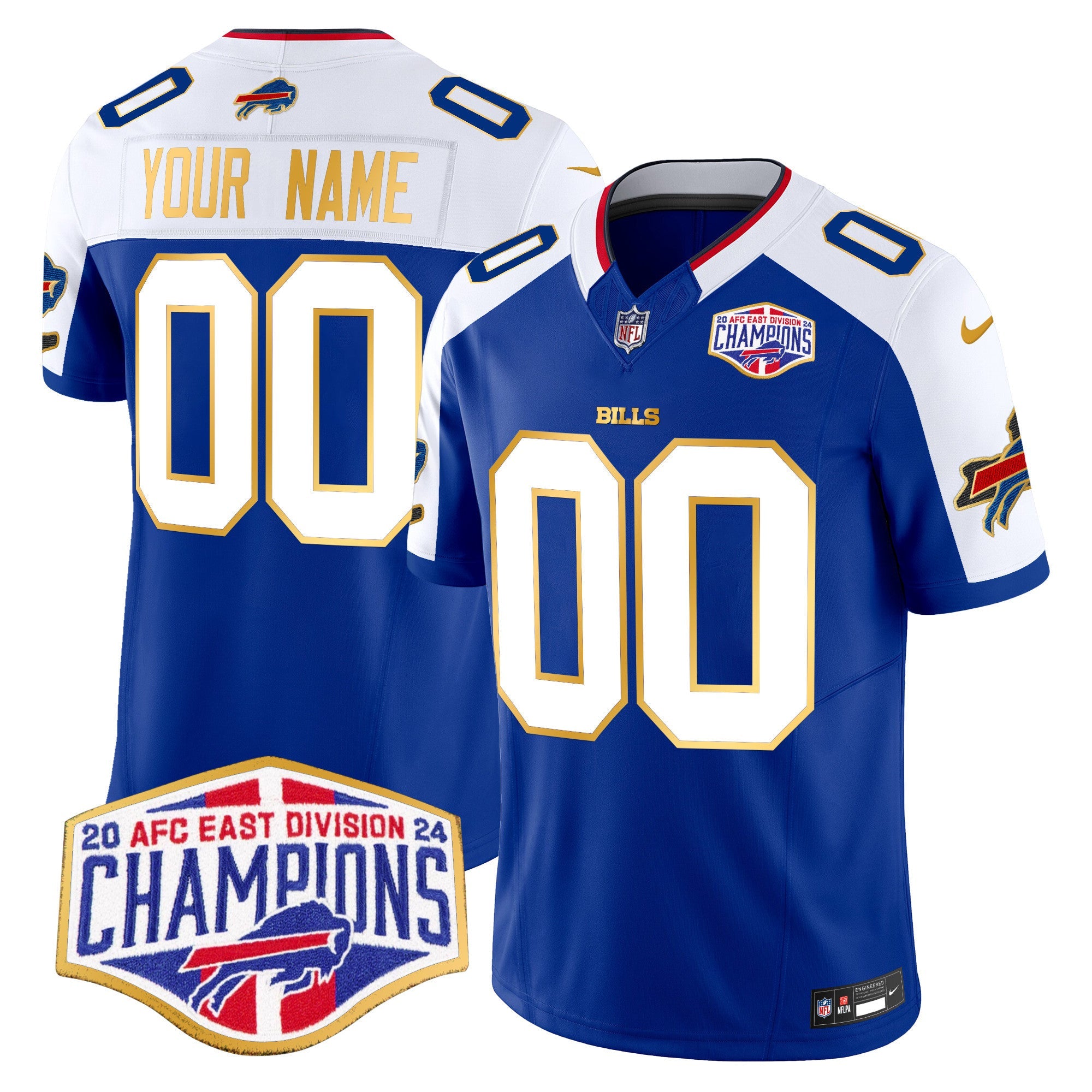 Hunk Wear - Bills 2024 AFC East Division Champions Gold Trim Vapor Limited Custom Jersey ' All Stitched ' Royal Alternate Jersey