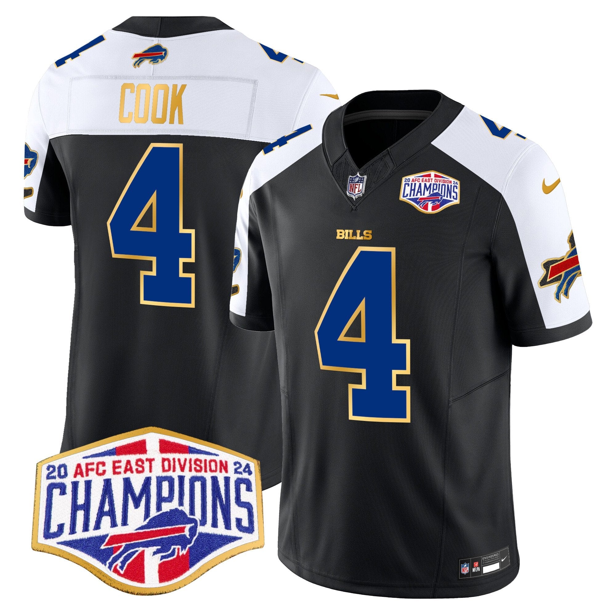 Hunk Wear - Bills 2024 AFC East Division Champions Gold Trim Vapor Limited Jersey ' All Stitched ' Black Alternate ' James Cook Jersey
