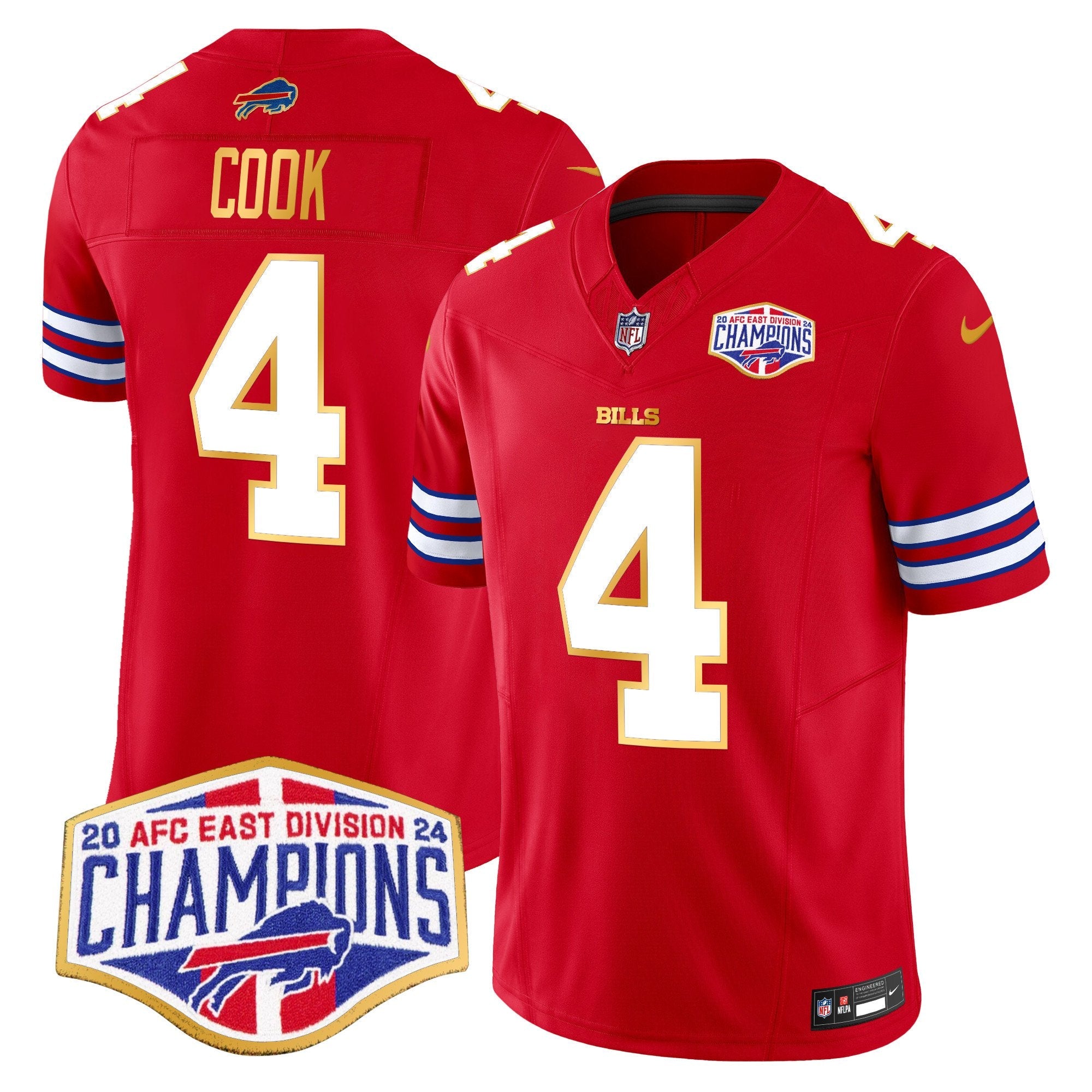 Hunk Wear - Bills 2024 AFC East Division Champions Gold Trim Vapor Limited Jersey ' All Stitched ' Red ' James Cook Jersey
