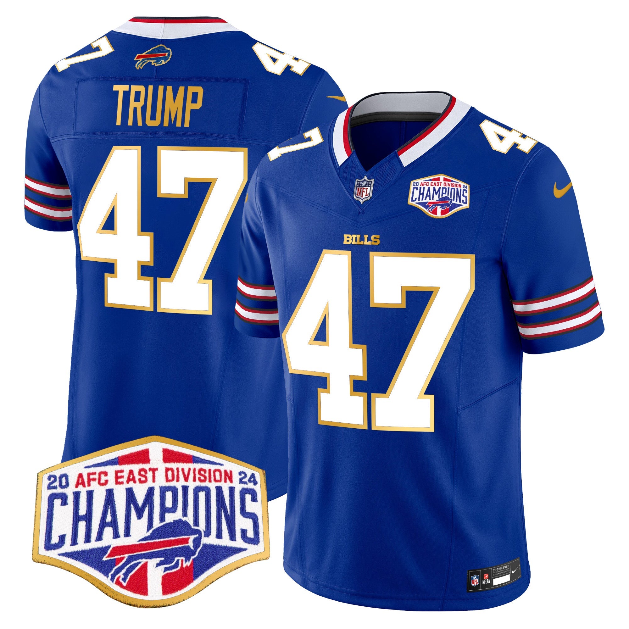 Hunk Wear - Bills 2024 AFC East Division Champions Gold Trim Vapor Limited Jersey ' All Stitched ' Royal ' Donald Trump Jersey