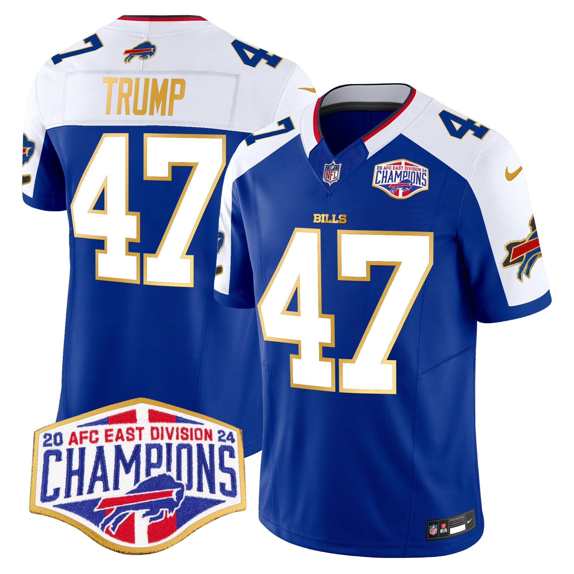 Hunk Wear - Bills 2024 AFC East Division Champions Gold Trim Vapor Limited Jersey ' All Stitched ' Royal Alternate ' Donald Trump Jersey