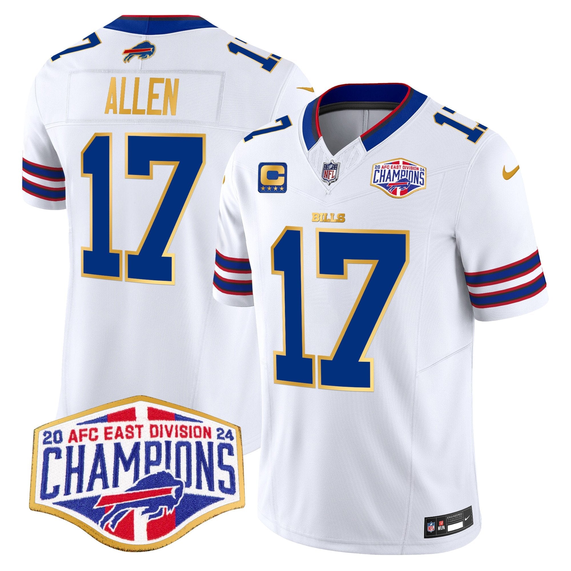 Hunk Wear - Bills 2024 AFC East Division Champions Gold Trim Vapor Limited Jersey ' All Stitched ' White ' Josh Allen Jersey