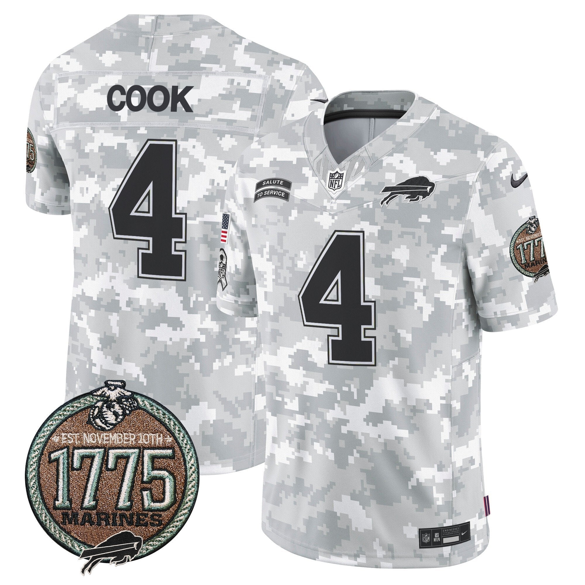 Hunk Wear - Bills 2024 Salute to Service Establishment Year Patch Vapor Limited Jersey ' All Stitched ' Marines ' James Cook Jersey