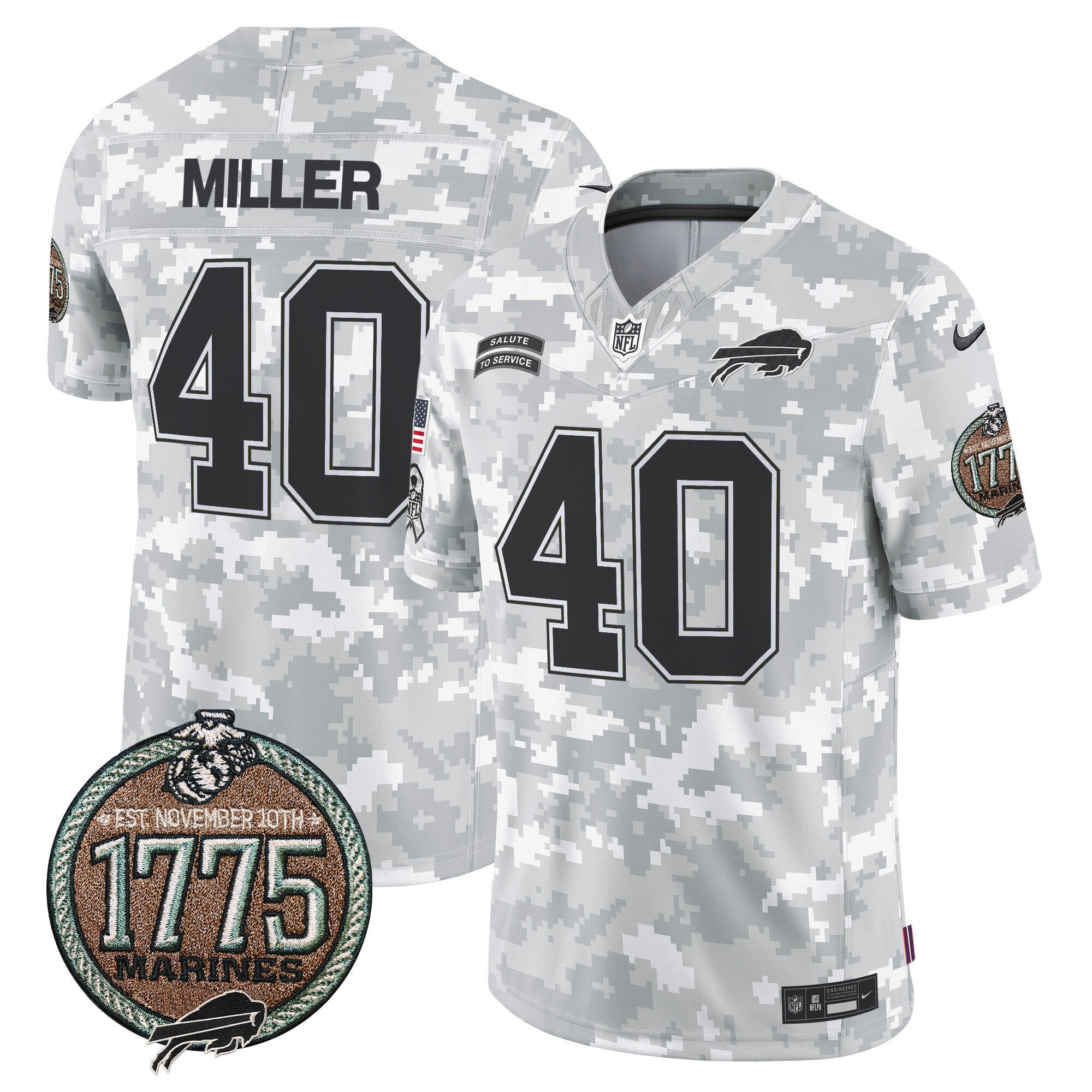Hunk Wear - Bills 2024 Salute to Service Establishment Year Patch Vapor Limited Jersey ' All Stitched ' Marines ' Von Miller Jersey
