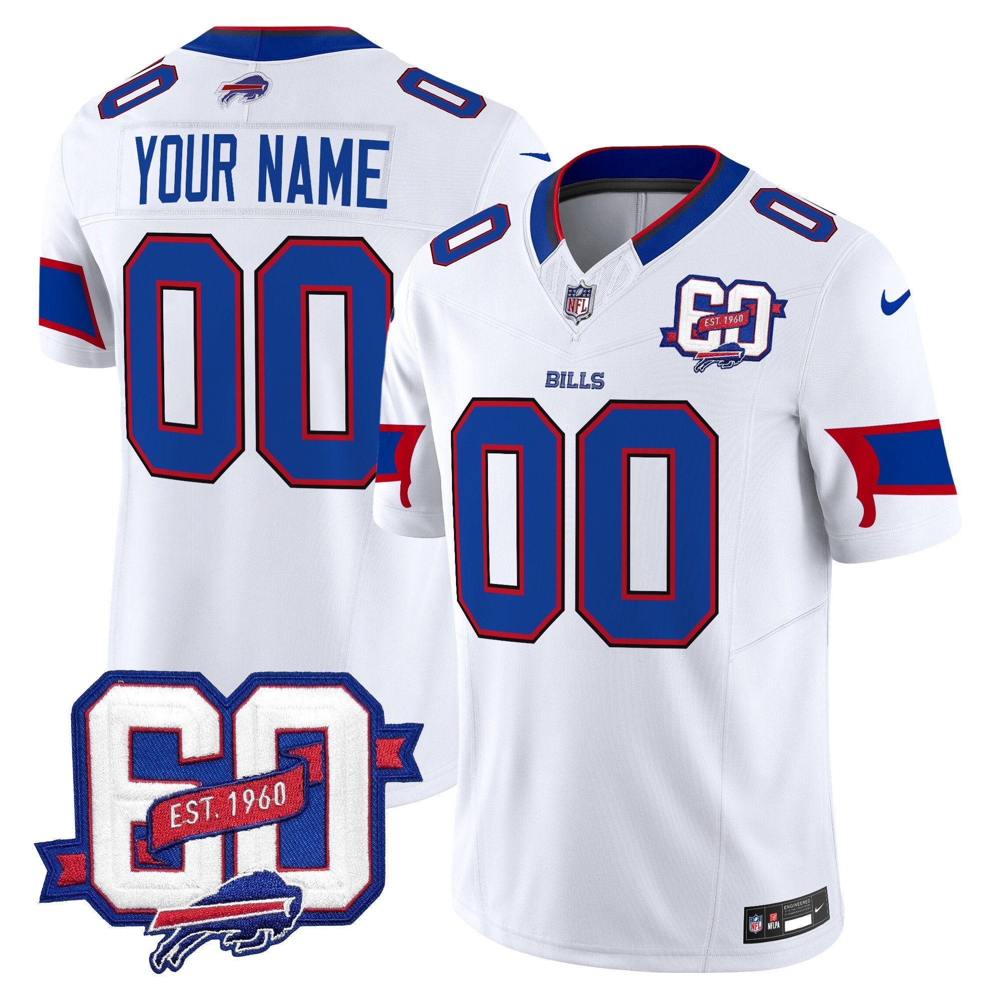 Hunk Wear - Bills 60th Anniversary Patch Vapor Limited Custom Jersey ' All Stitched ' White Jersey