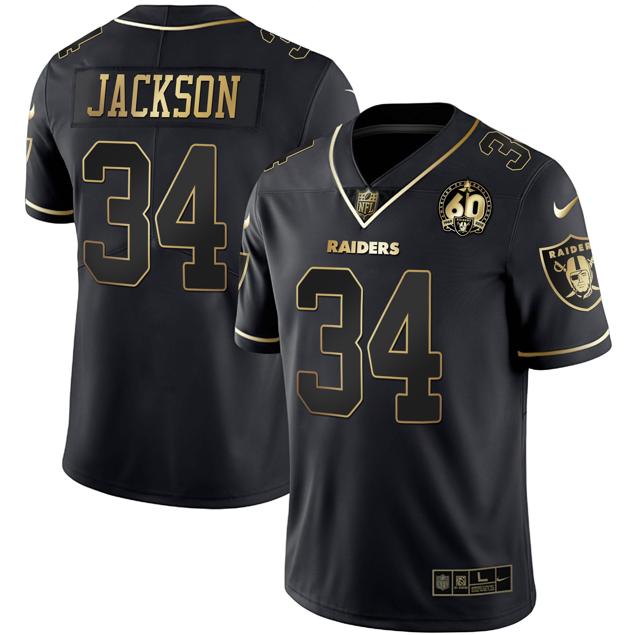 Hunk Wear - Bo Jackson Men's Las Vegas Raiders 60th Season Patch Gold & Split Black Gold Jersey