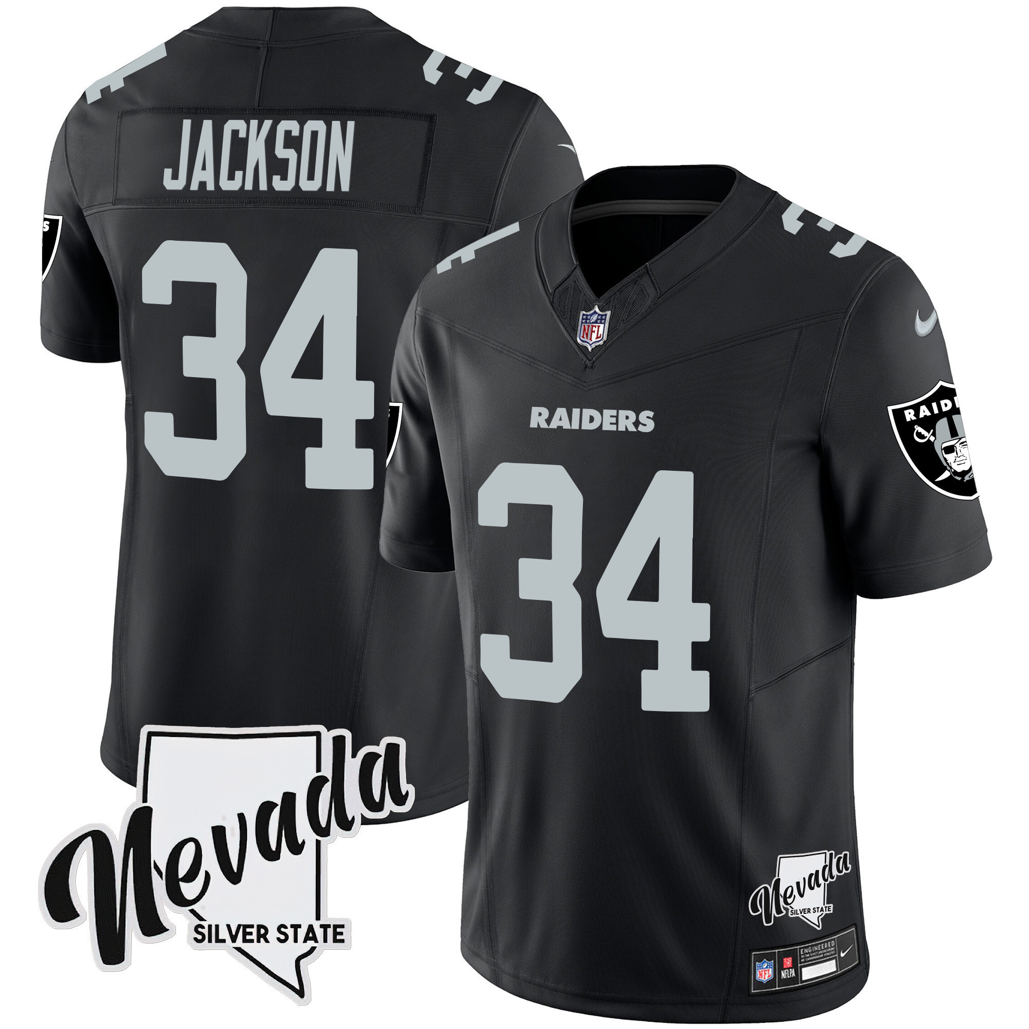 Hunk Wear - Bo Jackson Men's Las Vegas Raiders Nevada Silver State Patch Vapor Black Jersey