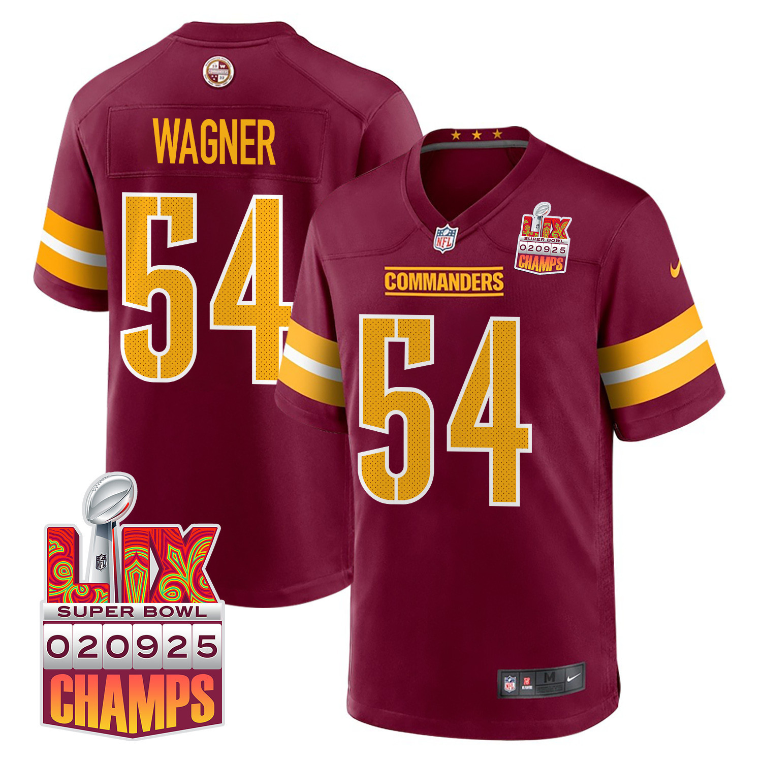 Hunk Wear - Bobby Wagner 54 Washington Commanders Super Bowl LIX Champions Patch Game Men Jersey ' Burgundy