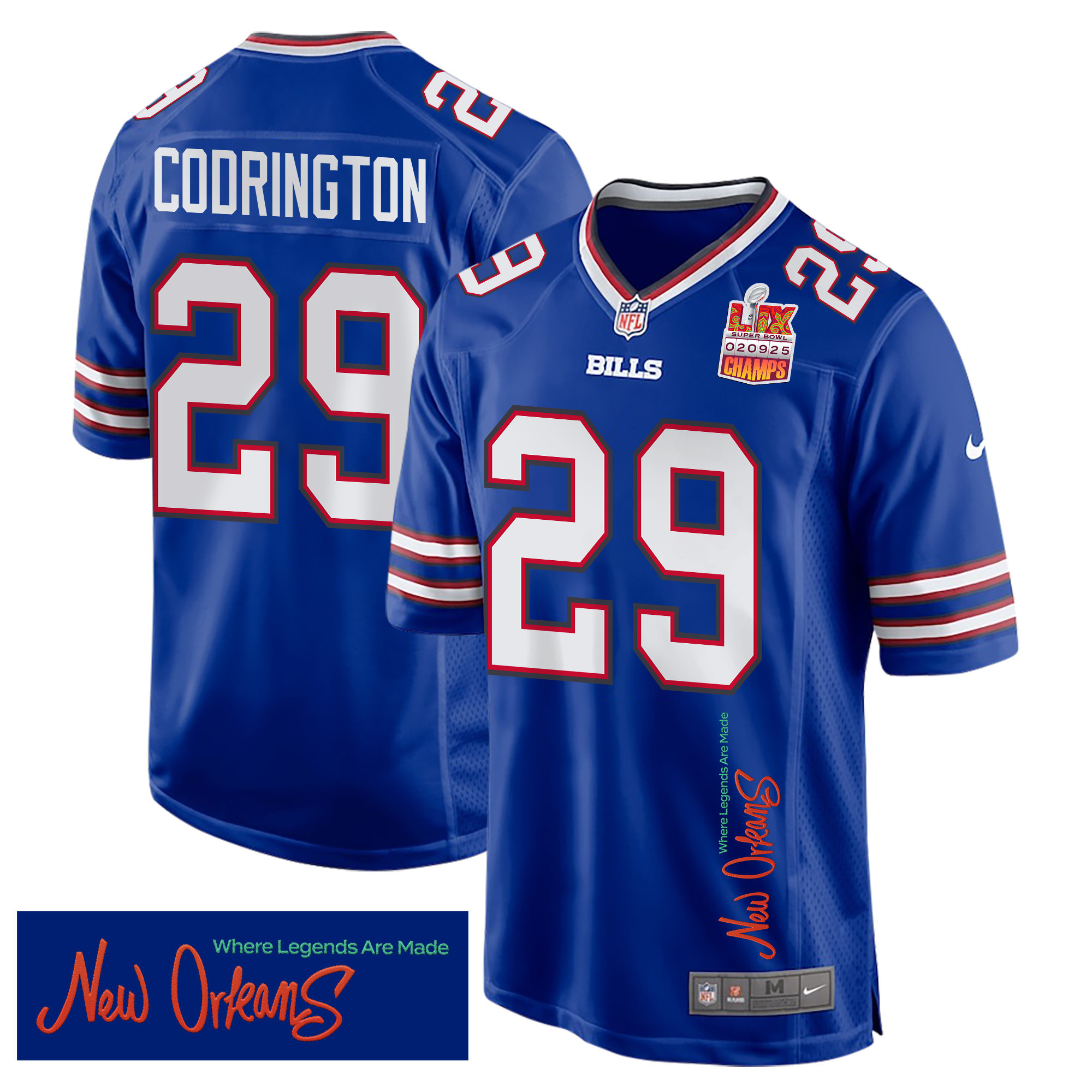 Hunk Wear - Brandon Codrington 29 Buffalo Bills Super Bowl LIX Champions Patch 'New Orleans ' Where Legends Are Made' EMBROIDERED Game Men Jersey ' Royal
