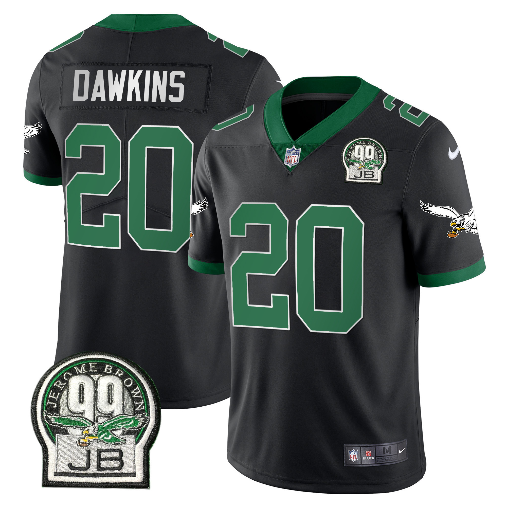 Hunk Wear - Brian Dawkins Men's Philadelphia Eagles Jerome Brown Retired Patch Gold & Kelly Kelly Black Jersey