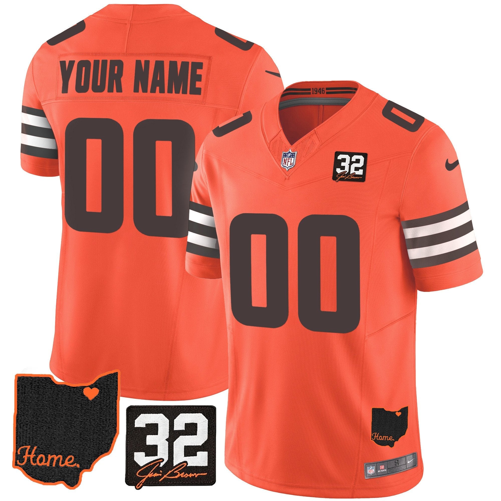 Hunk Wear - Browns #32 Jim Brown Memorial & Home Patch Custom Jersey V3 – All Stitched – Orange Jersey