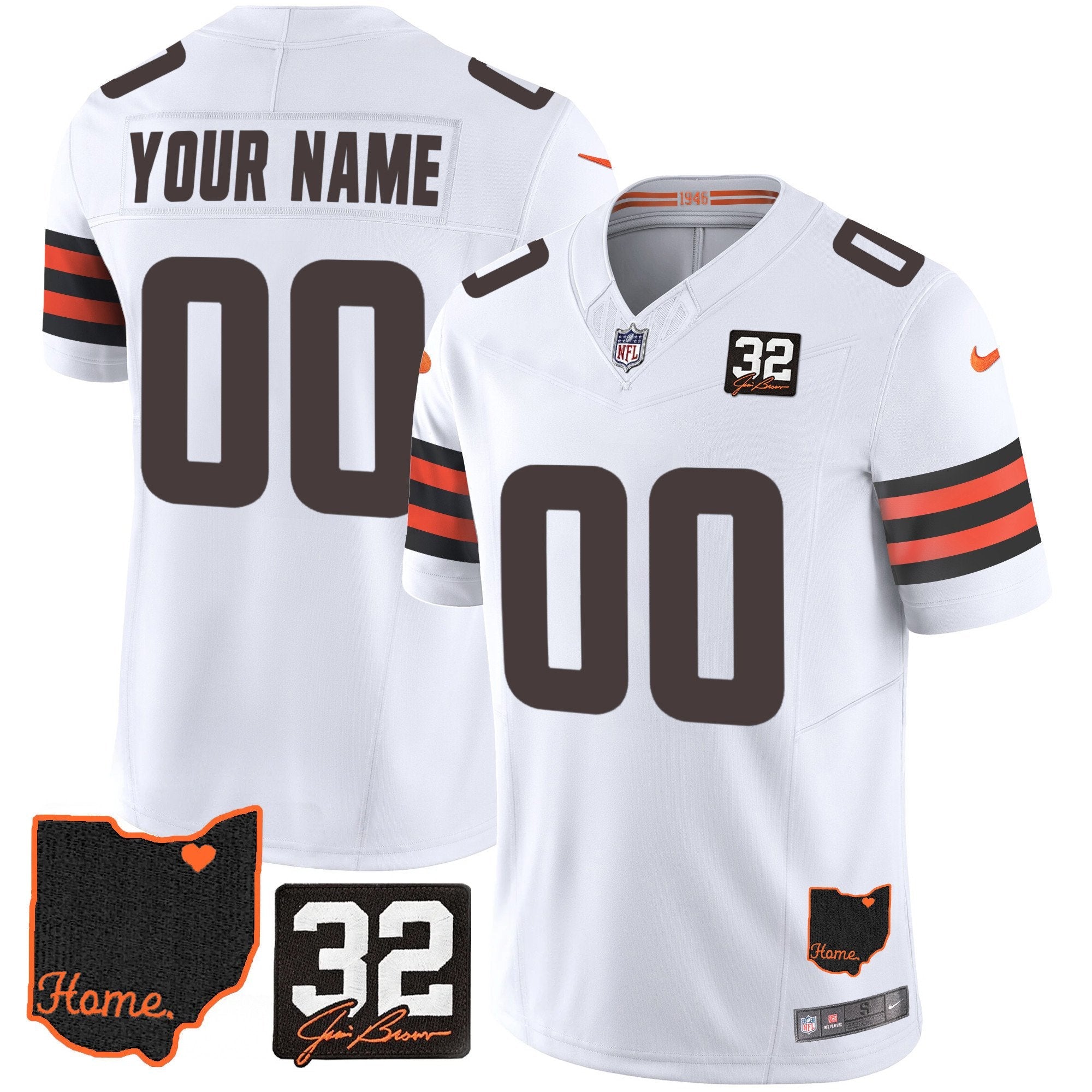 Hunk Wear - Browns #32 Jim Brown Memorial & Home Patch Custom Jersey V3 ' All Stitched ' White Jersey