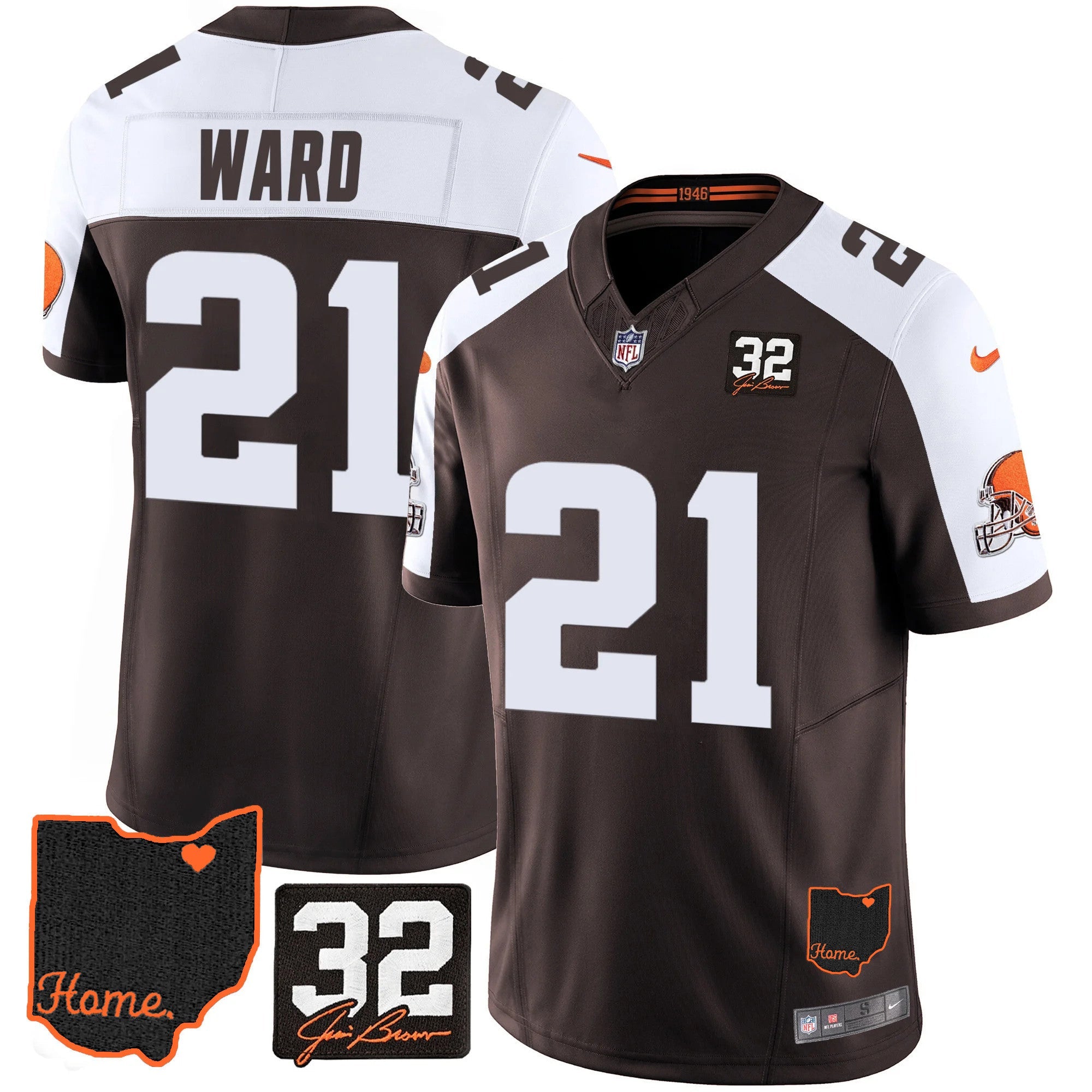 Hunk Wear - Browns #32 Jim Brown Memorial & Home Patch Jersey V3 â€“ All Stitched â€“ Alternate â€“ Denzel Ward Jersey