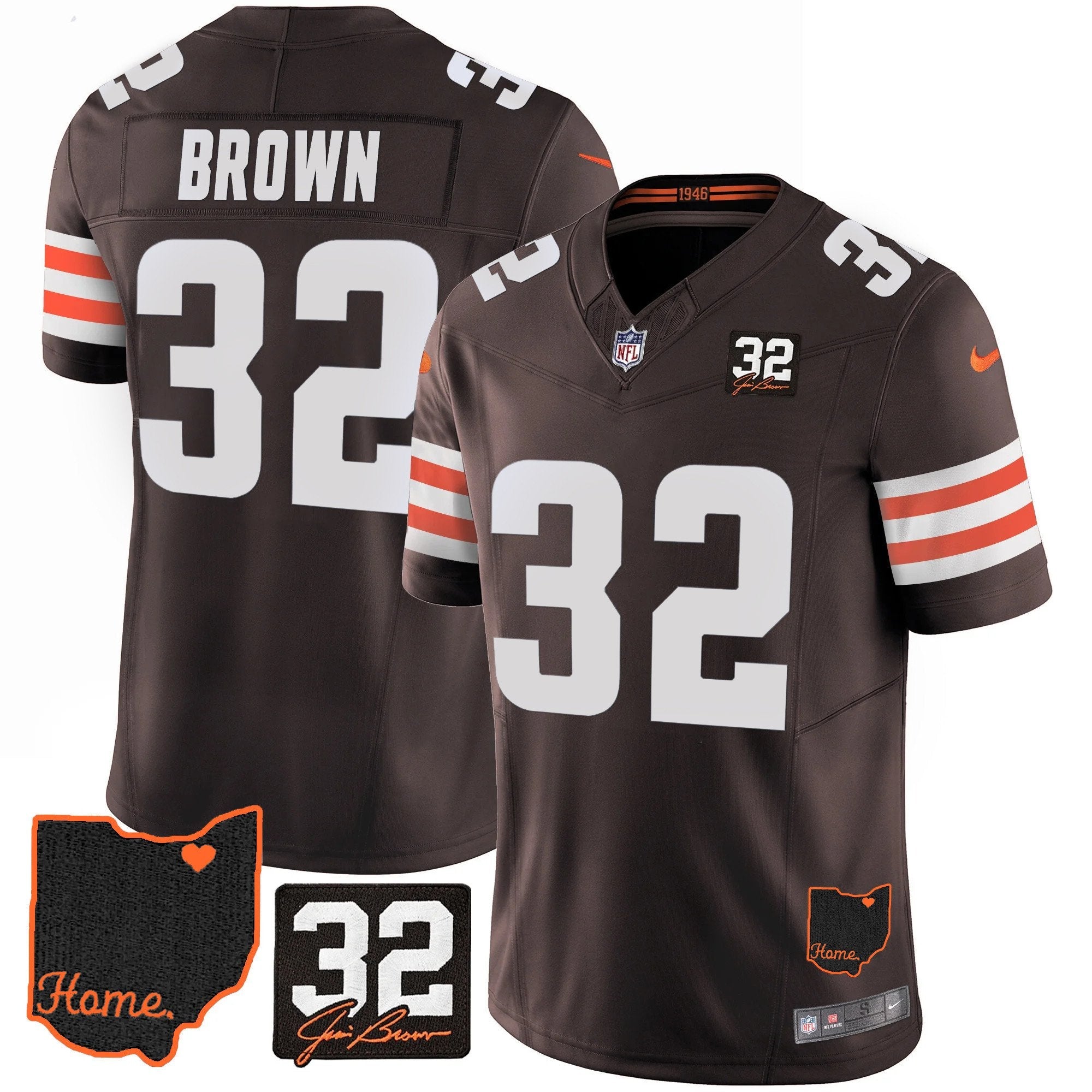 Hunk Wear - Browns #32 Jim Brown Memorial & Home Patch Jersey V3 ' All Stitched ' Brown ' Jim Brown Jersey