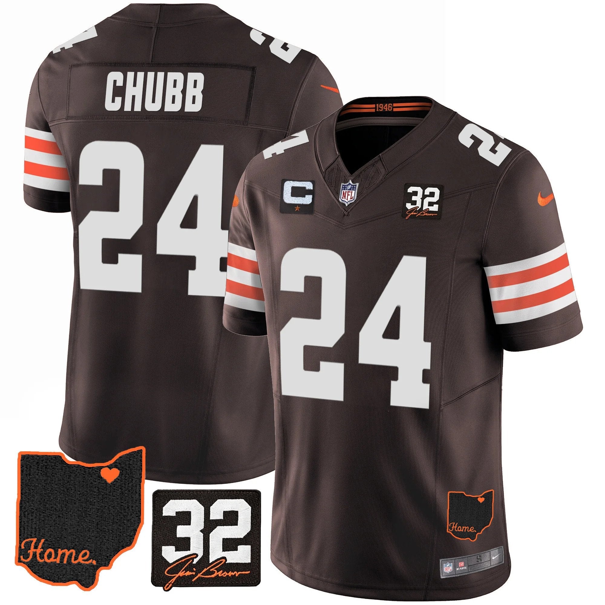 Hunk Wear - Browns #32 Jim Brown Memorial & Home Patch Jersey V3 ' All Stitched ' Brown ' Nick Chubb Jersey