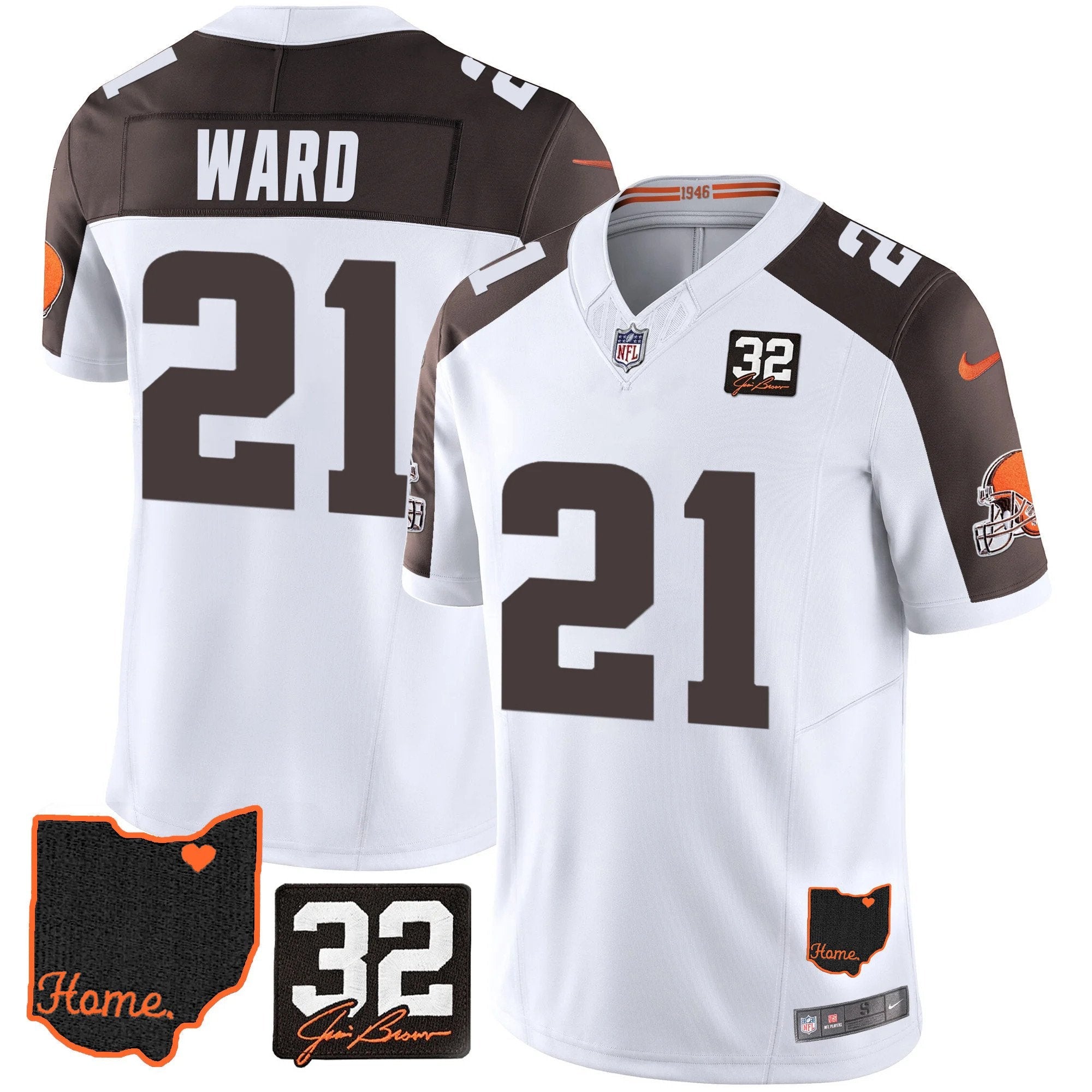 Hunk Wear - Browns #32 Jim Brown Memorial & Home Patch Jersey V3 ' All Stitched ' Inverted ' Denzel Ward Jersey