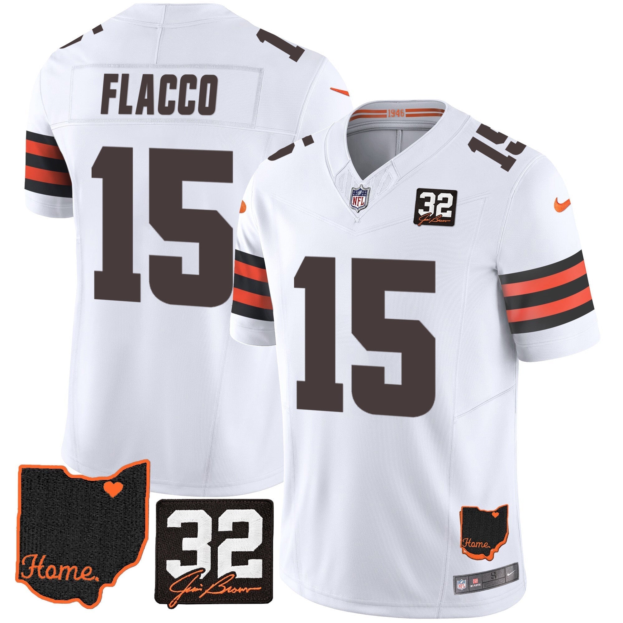 Hunk Wear - Browns #32 Jim Brown Memorial & Home Patch Jersey V3 ' All Stitched ' White ' Joe Flacco Jersey