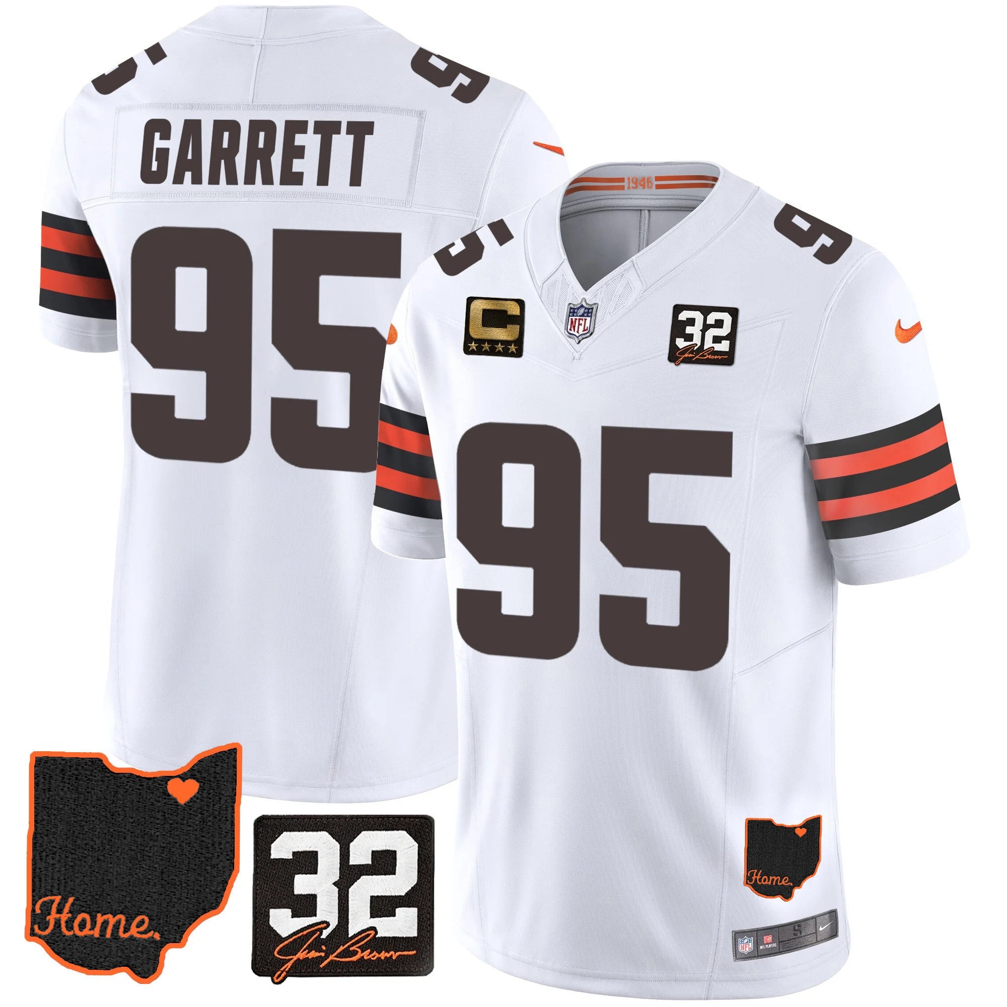 Hunk Wear - Browns #32 Jim Brown Memorial & Home Patch Jersey V3 â€“ All Stitched â€“ White â€“ Myles Garrett Jersey