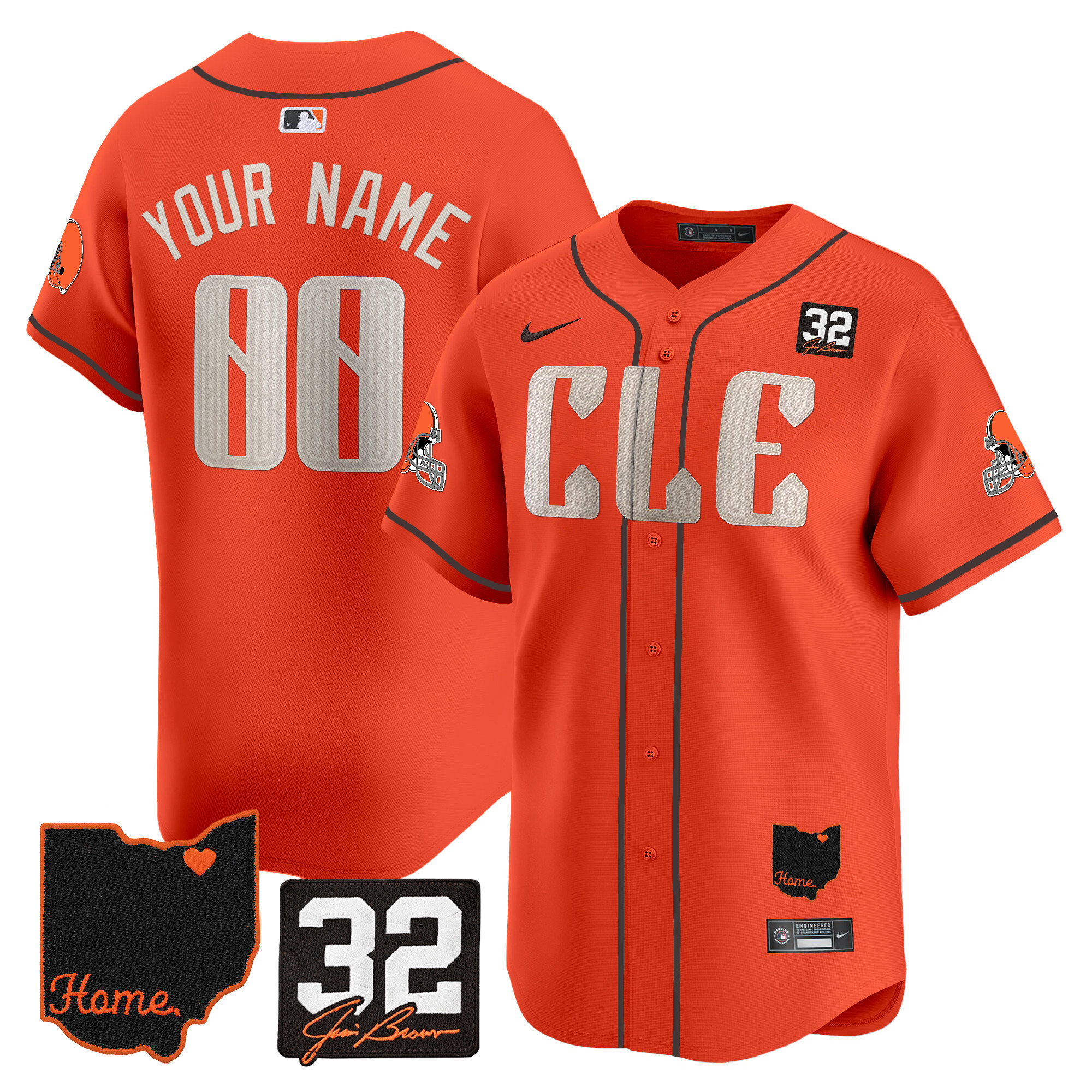 Hunk Wear - Browns #32 Jim Brown Memorial & Home Patch Vapor Premier Limited Custom Jersey ' All Stitched ' Men ' Orange
