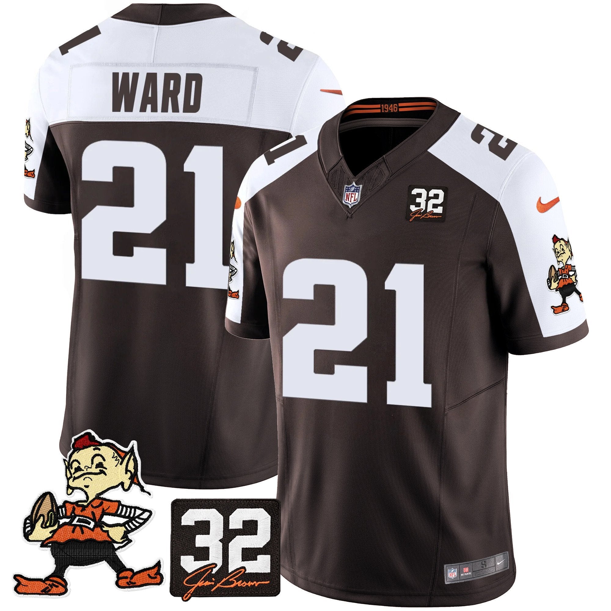 Hunk Wear - Browns #32 Jim Brown Memorial Patch Vapor Limited Jersey V2 ' All Stitched ' Alternate ' Denzel Ward Jersey