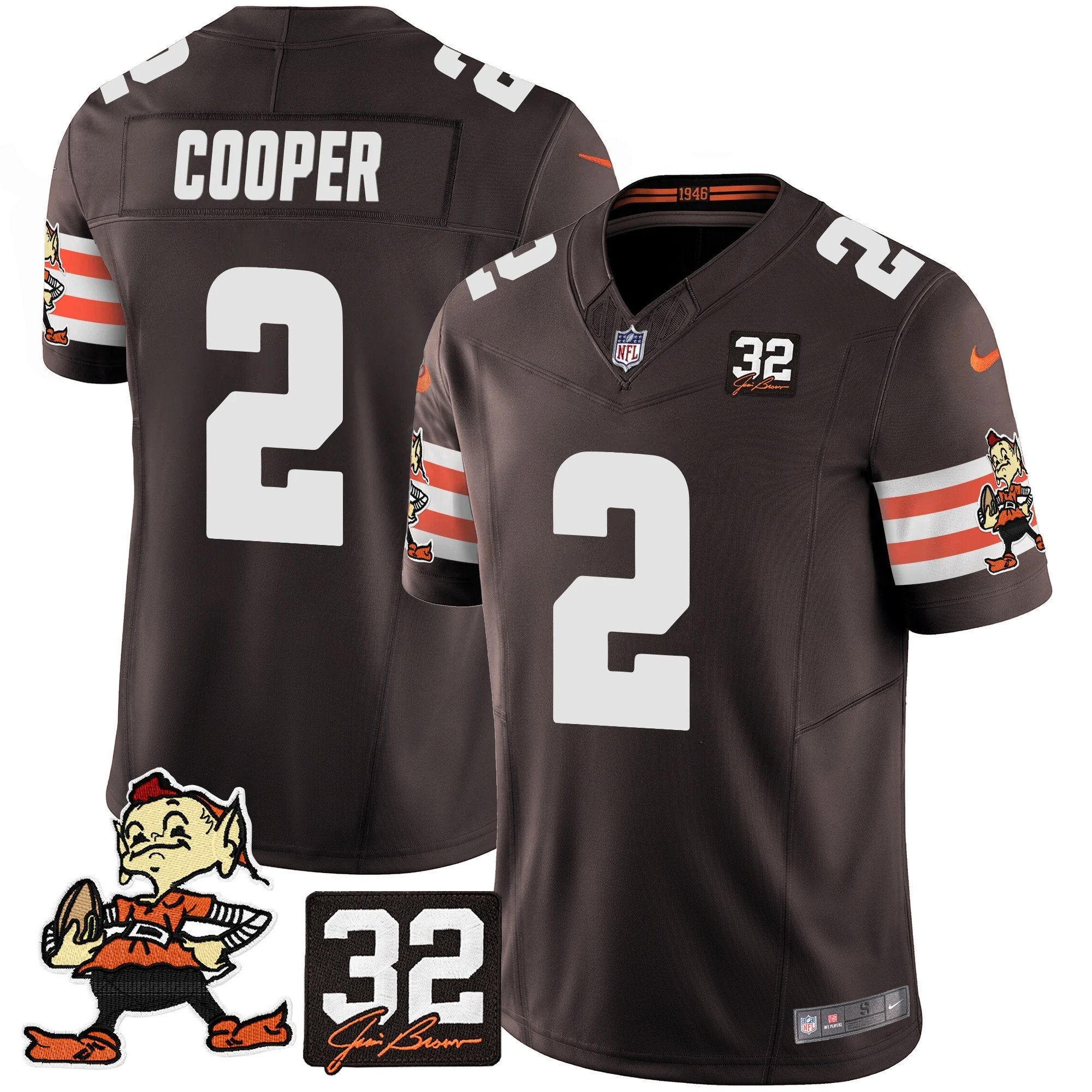 Hunk Wear - Browns #32 Jim Brown Memorial Patch Vapor Limited Jersey V2 ' All Stitched ' Brown ' Amari Cooper Jersey