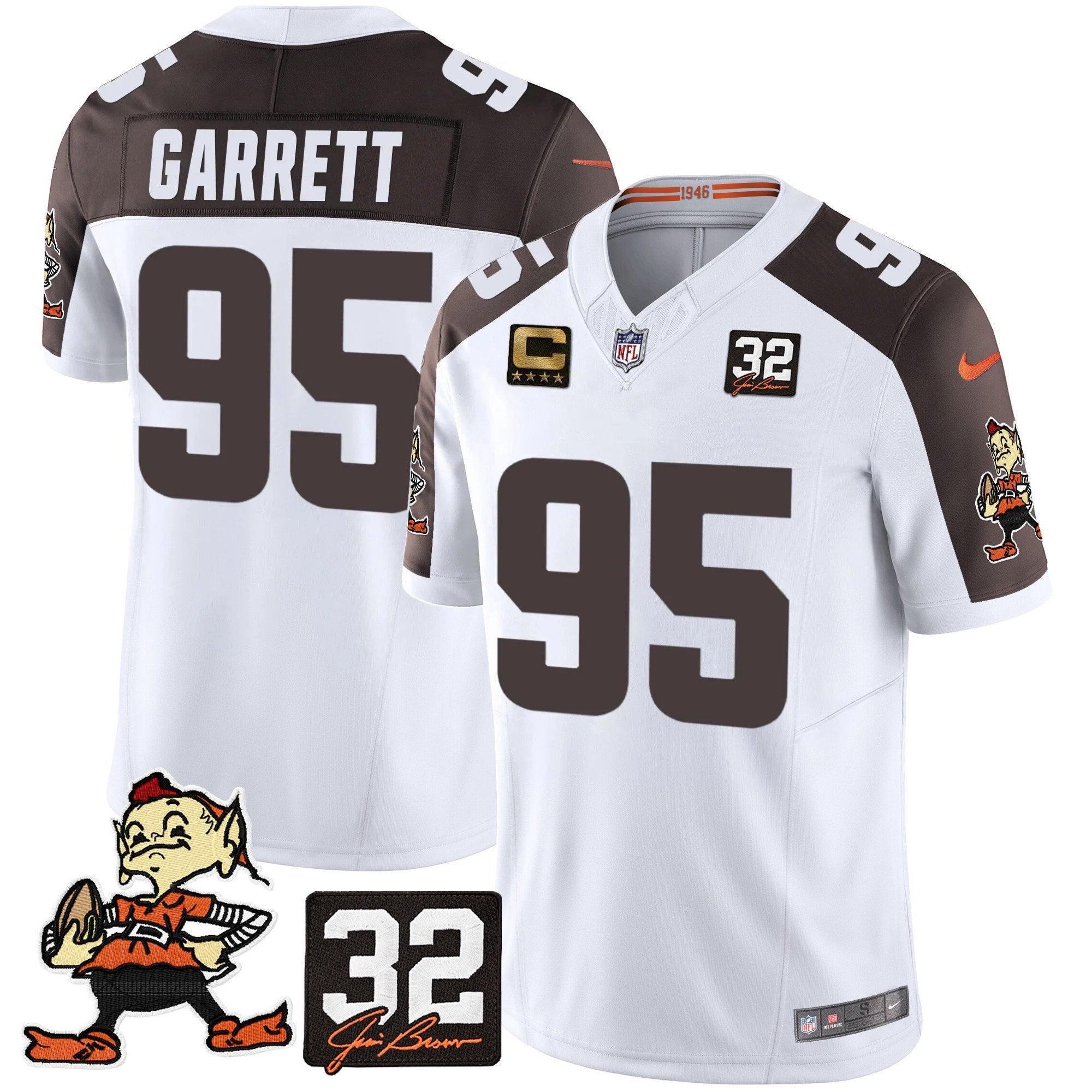 Hunk Wear - Browns #32 Jim Brown Memorial Patch Vapor Limited Jersey V2 ' All Stitched ' Inverted ' Myles Garrett Jersey