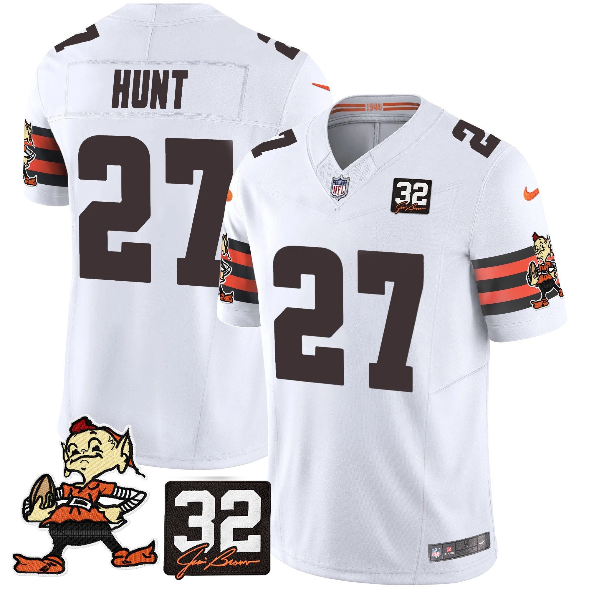 Hunk Wear - Browns #32 Jim Brown Memorial Patch Vapor Limited Jersey V2 ' All Stitched ' White ' Kareem Hunt Jersey