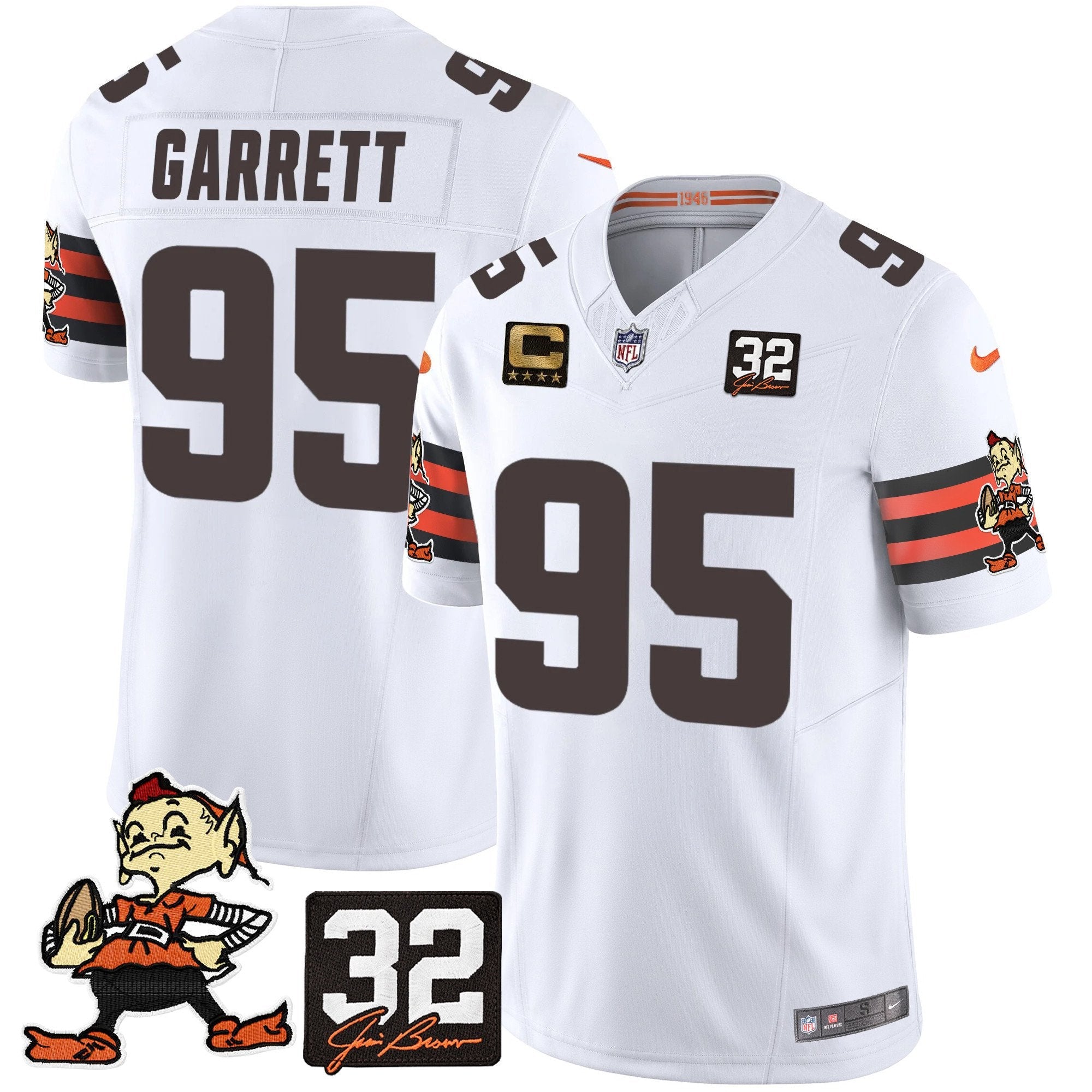 Hunk Wear - Browns #32 Jim Brown Memorial Patch Vapor Limited Jersey V2 ' All Stitched ' White ' Myles Garrett Jersey