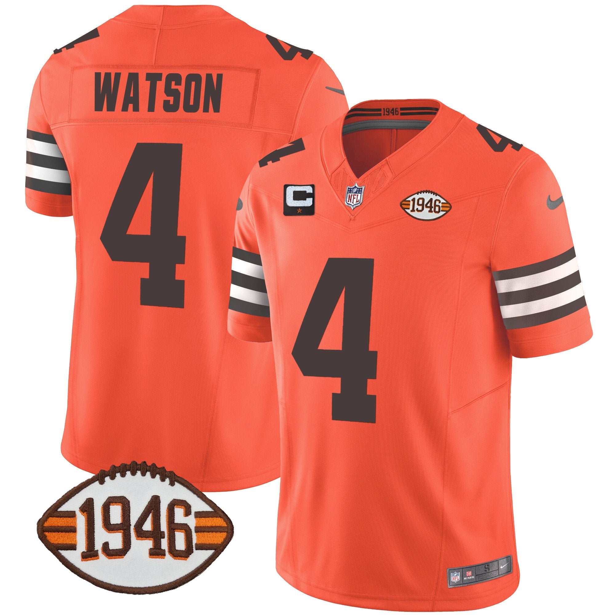 Hunk Wear - Browns 1946 75th Anniversary Patch Jersey ' All Stitched ' Orange ' Deshaun Watson Jersey