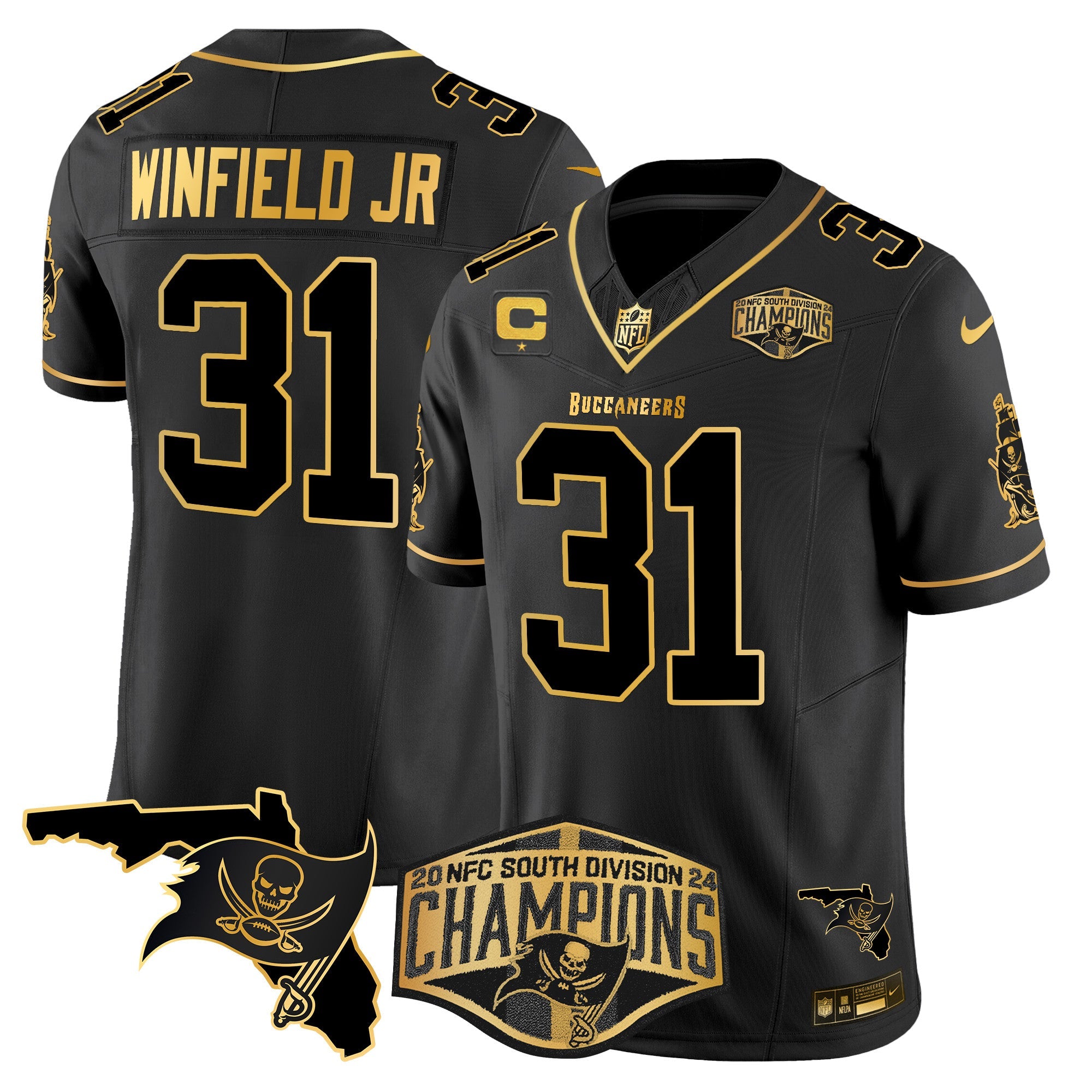 Hunk Wear - Buccaneers 2024 NFC South Division Champions Patch Gold Vapor Limited Jersey ' All Stitched ' Black Gold ' Antoine Winfield Jr. Jersey