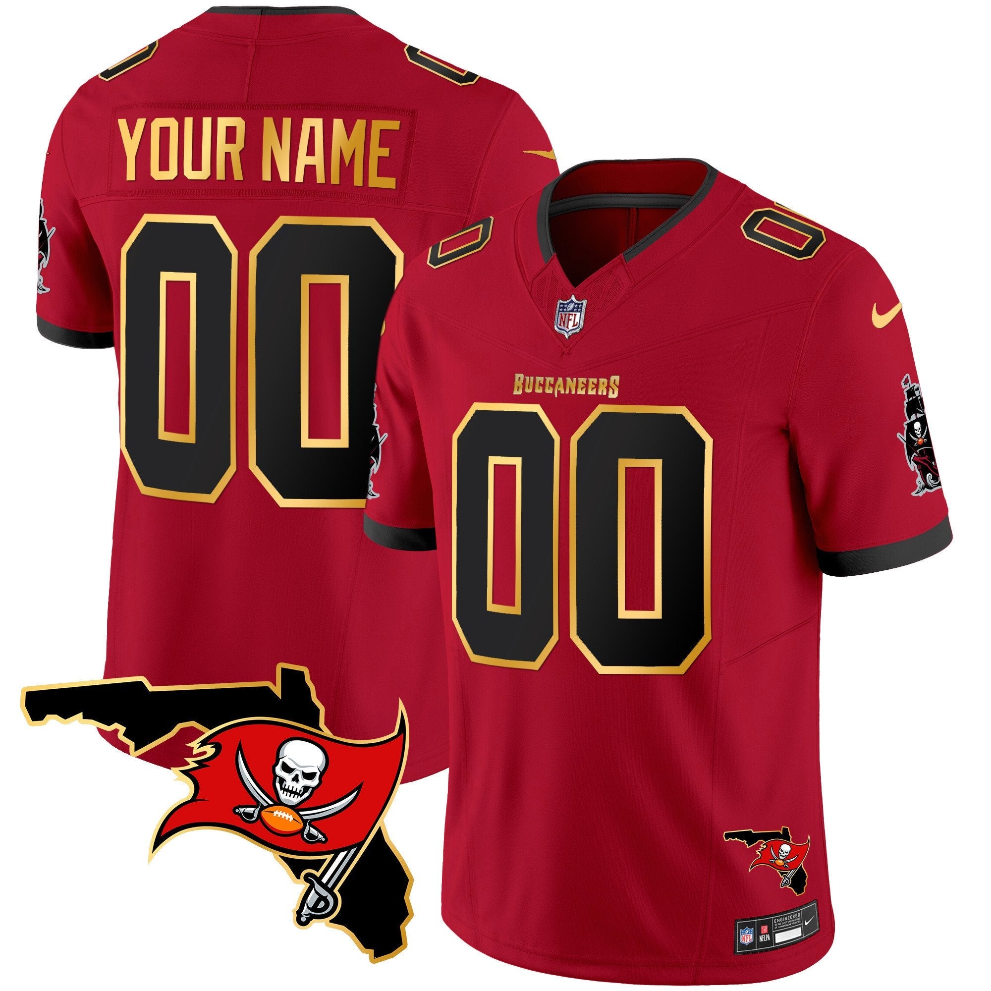 Hunk Wear - Buccaneers Florida Patch Gold Trim Vapor Custom Jersey – All Stitched – Red Jersey