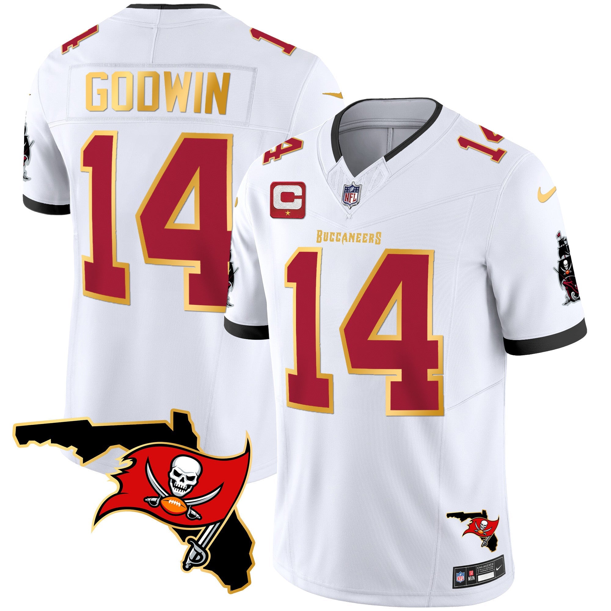 Hunk Wear - Buccaneers Florida Patch Gold Trim Vapor Jersey – All Stitched – White – Chris Godwin Jersey
