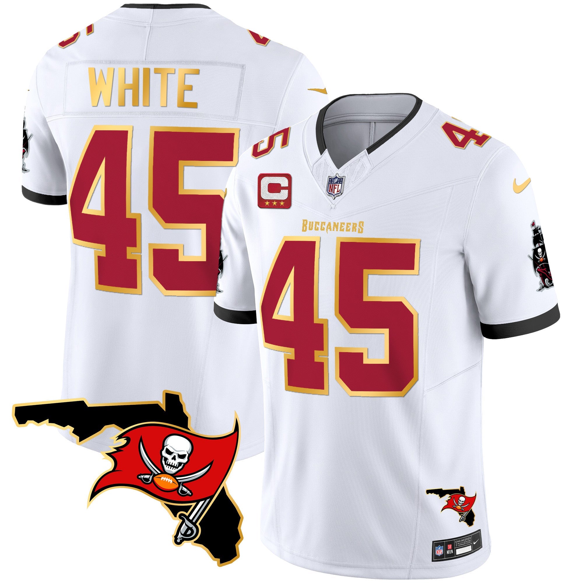 Hunk Wear - Buccaneers Florida Patch Gold Trim Vapor Jersey – All Stitched – White – Devin White Jersey