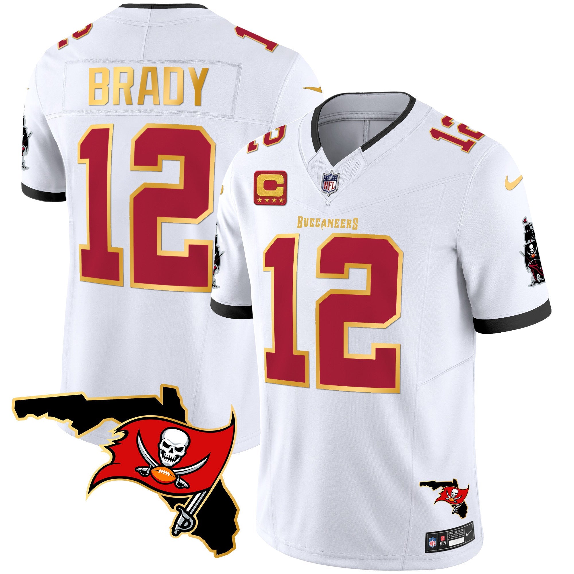 Hunk Wear - Buccaneers Florida Patch Gold Trim Vapor Jersey – All Stitched – White – Tom Brady Jersey