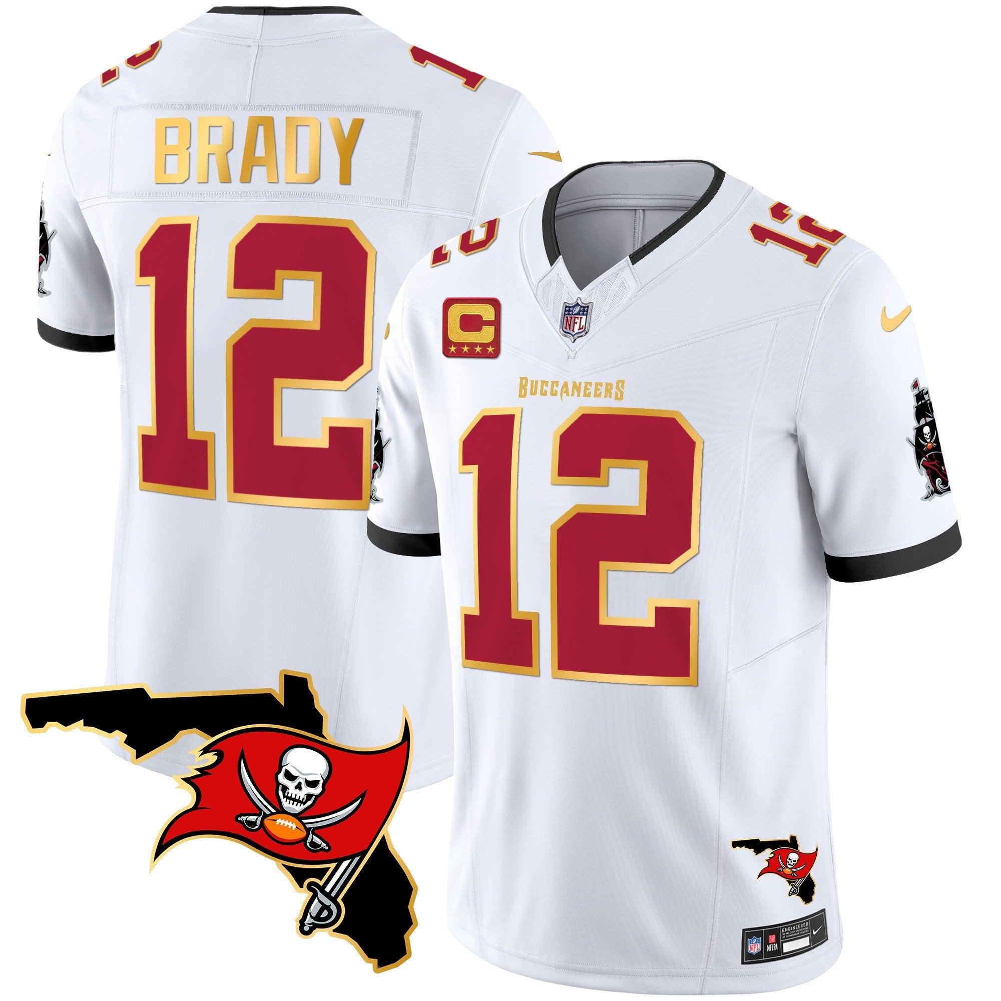 Hunk Wear - Buccaneers Florida Patch Gold Trim Vapor Jersey – All Stitched – White – Tom Brady Jersey