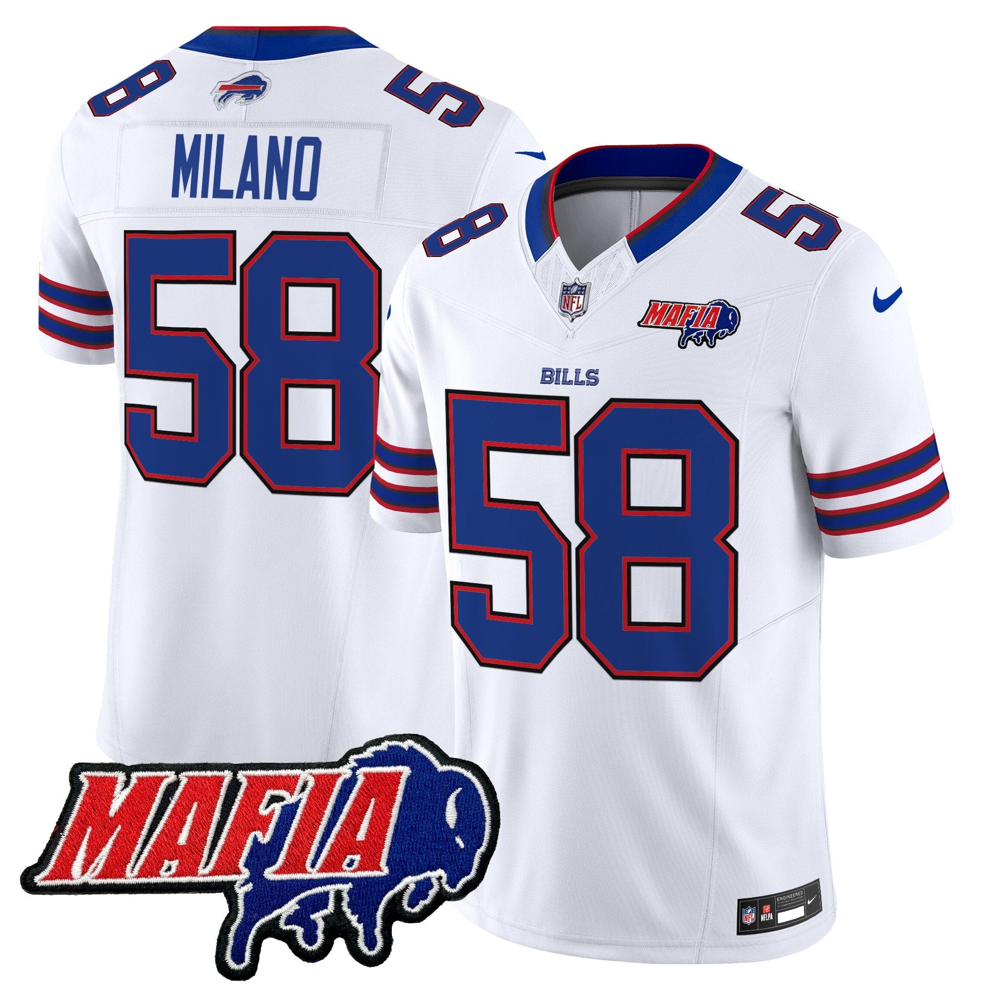 Hunk Wear - Buffalo Bills 2024 Bills Mafia Patch Vapor Limited Jersey ' All Stitched ' White ' Matt Milano Jersey