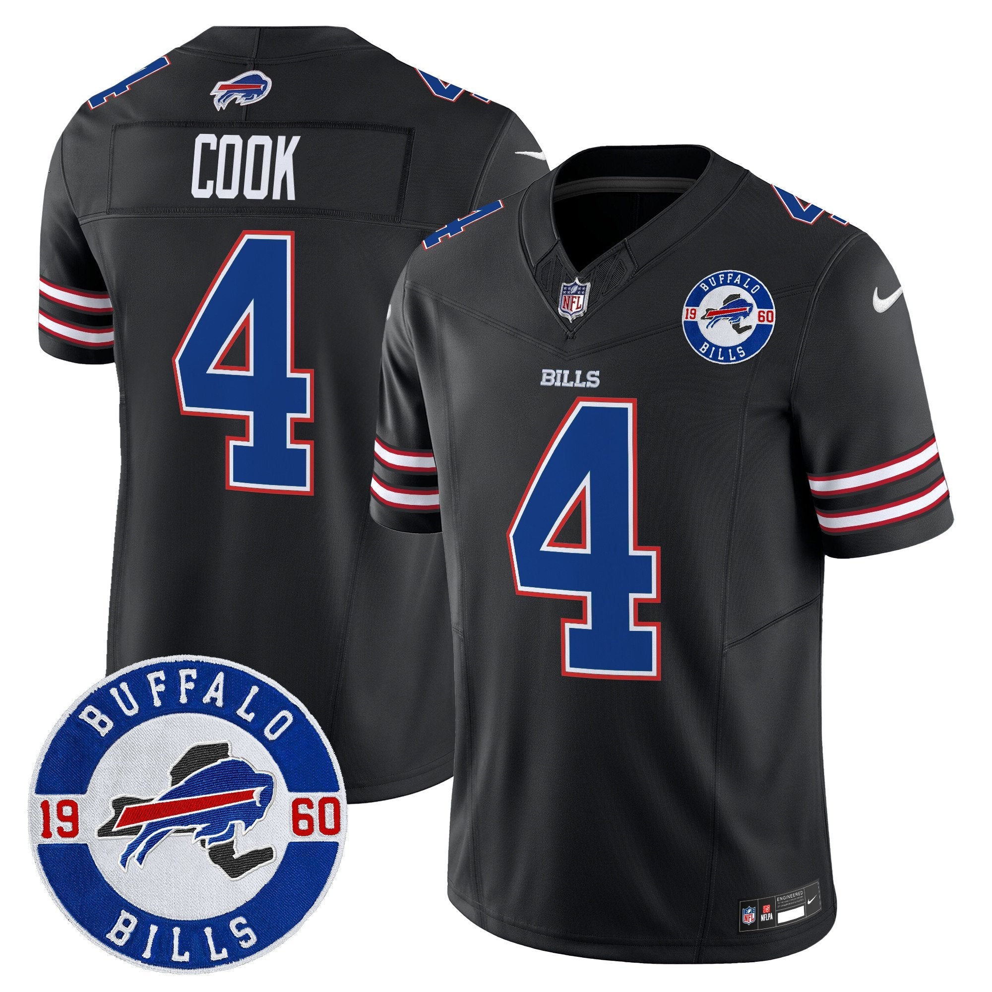 Hunk Wear - Buffalo Bills 2024 Vapor Limited Jersey ' Est. 1960 Patch ' All Stitched ' Black ' James Cook Jersey