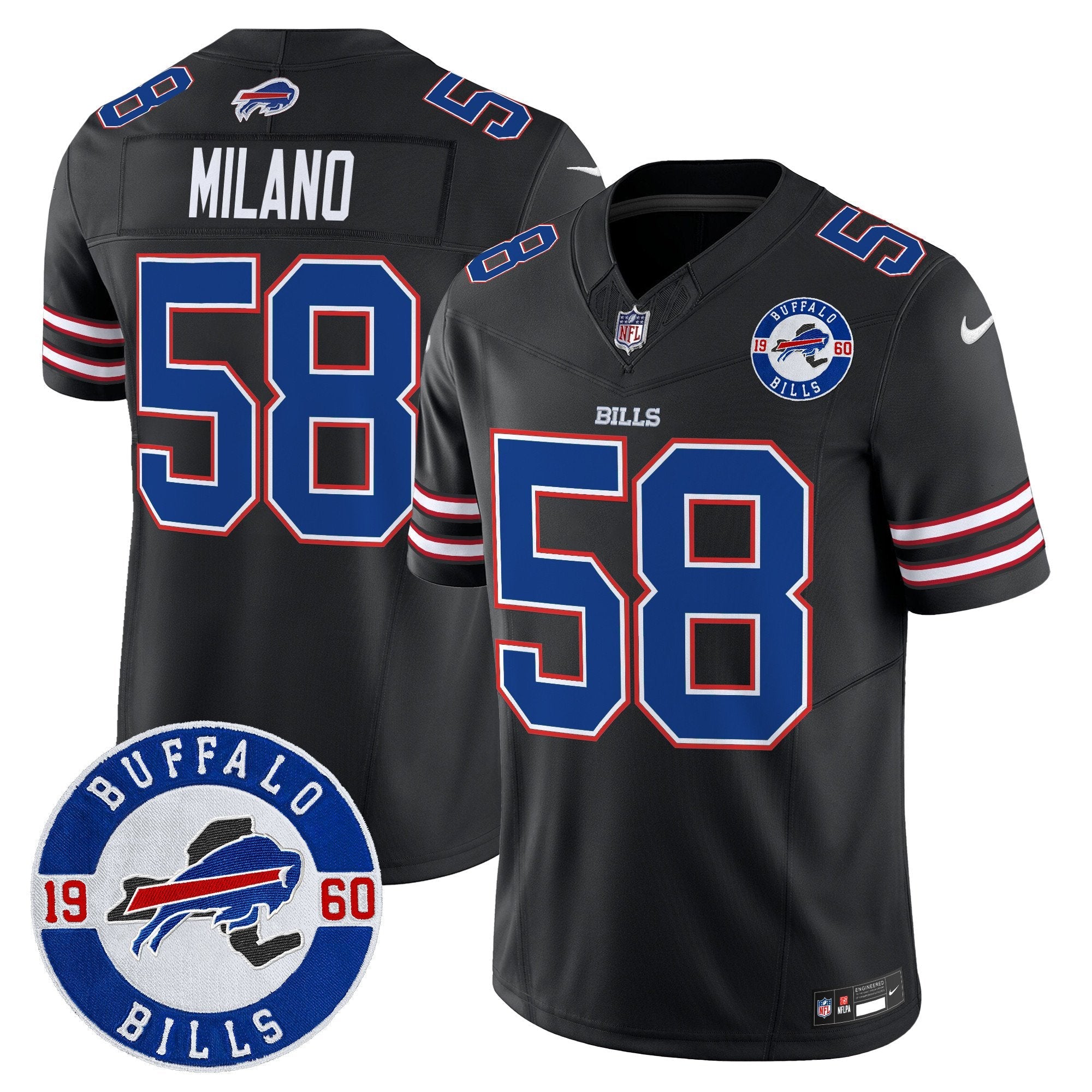 Hunk Wear - Buffalo Bills 2024 Vapor Limited Jersey ' Est. 1960 Patch ' All Stitched ' Black ' Matt Milano Jersey