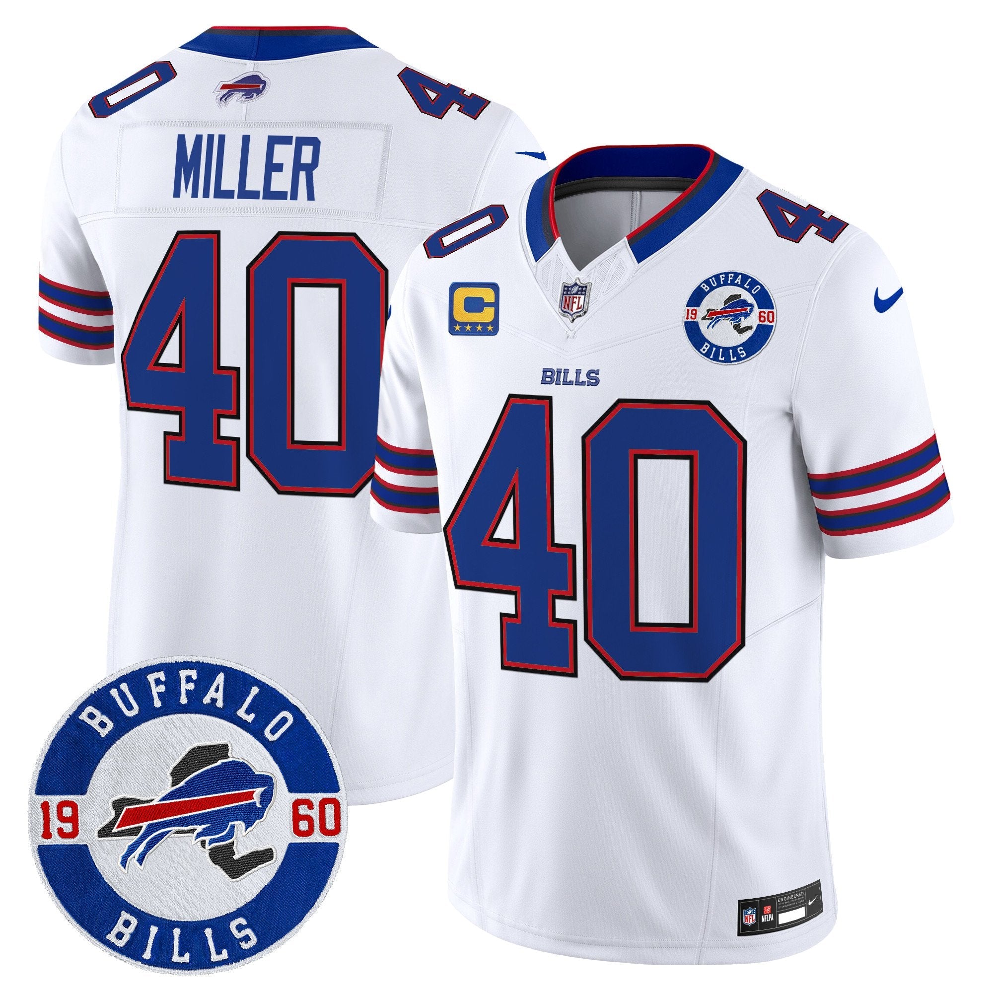 Hunk Wear - Buffalo Bills 2024 Vapor Limited Jersey ' Est. 1960 Patch ' All Stitched ' White ' Von Miller Jersey