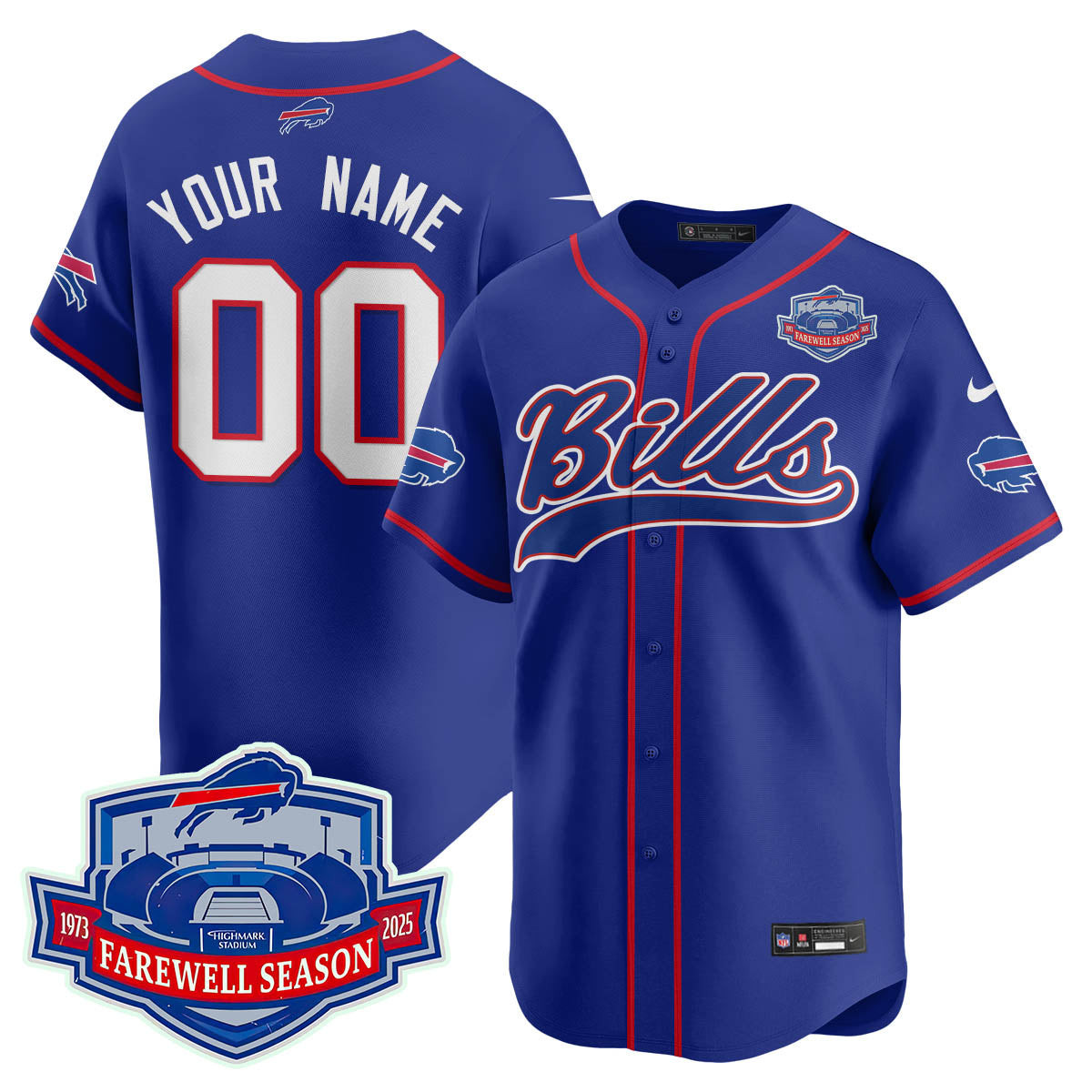 Hunk Wear - Buffalo Bills 2025 Baseball Custom Jersey All Stitched – Farewell to Highmark Stadium Royal Jersey