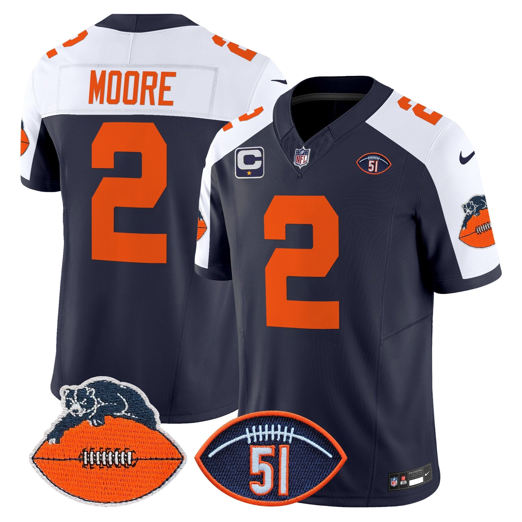 Hunk Wear - Chicago Bears Dick Butkus Patch Throwback Vapor Limited Jersey ' All Stitched ' Navy Alternate ' D.J. Moore Jersey