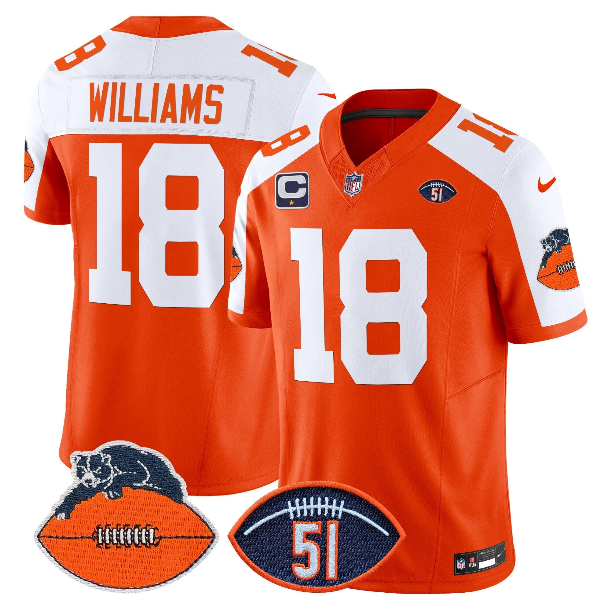 Hunk Wear - Chicago Bears Dick Butkus Patch Throwback Vapor Limited Jersey – All Stitched – Orange Alternate – Caleb Williams Jersey