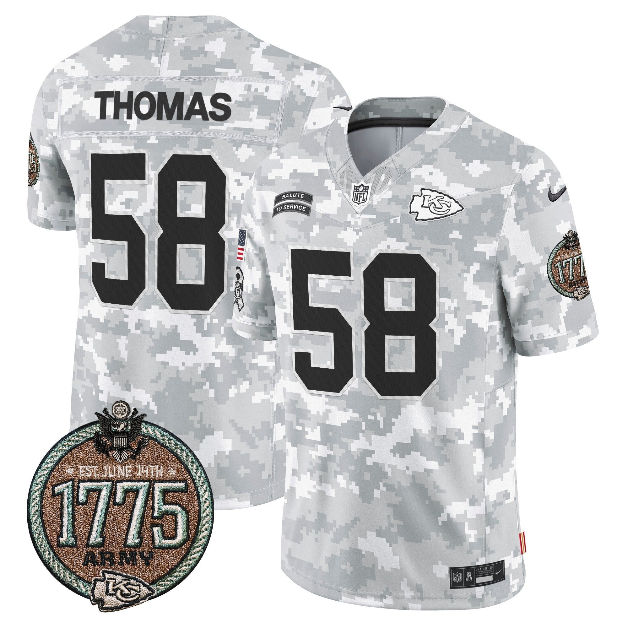 Hunk Wear - Chiefs 2024 Salute to Service Establishment Year Patch Vapor Limited Jersey ' All Stitched ' Army ' Derrick Thomas Jersey