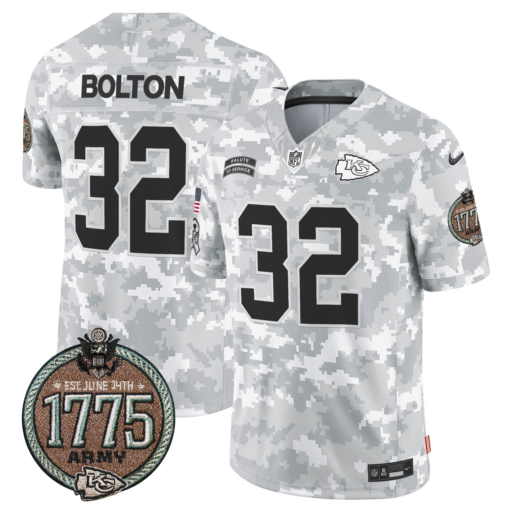 Hunk Wear - Chiefs 2024 Salute to Service Establishment Year Patch Vapor Limited Jersey ' All Stitched ' Army ' Nick Bolton Jersey