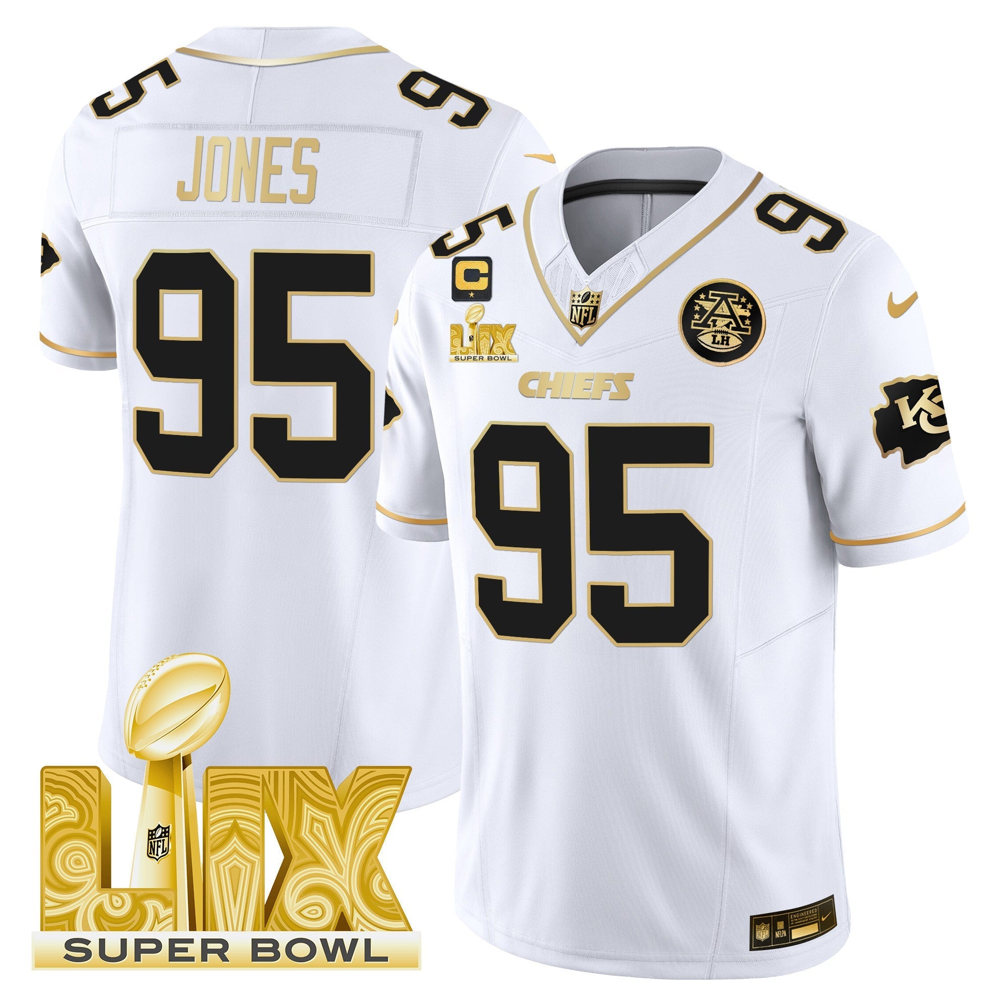 Hunk Wear - Chiefs Super Bowl LIX Patch Gold Vapor Limited Jersey – All Stitched – White Gold – Chris Jones Jersey