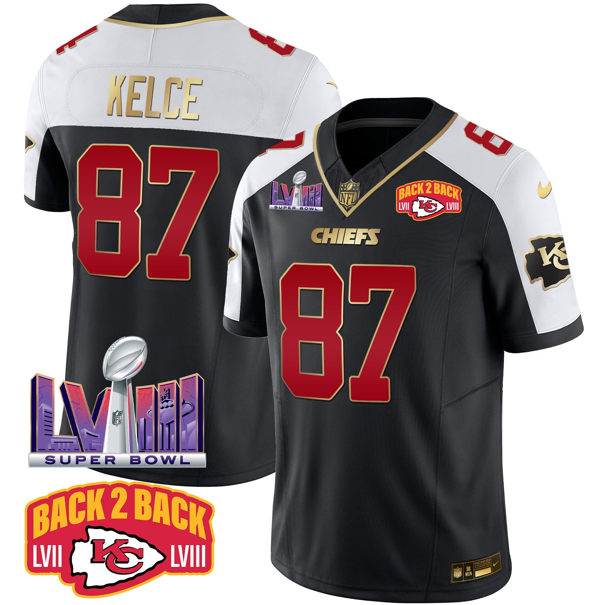 Hunk Wear - Chiefs Super Bowl LVIII & Back 2 Back Patch Vapor Jersey ' All Stitched ' Black Alternate ' Travis Kelce Jersey