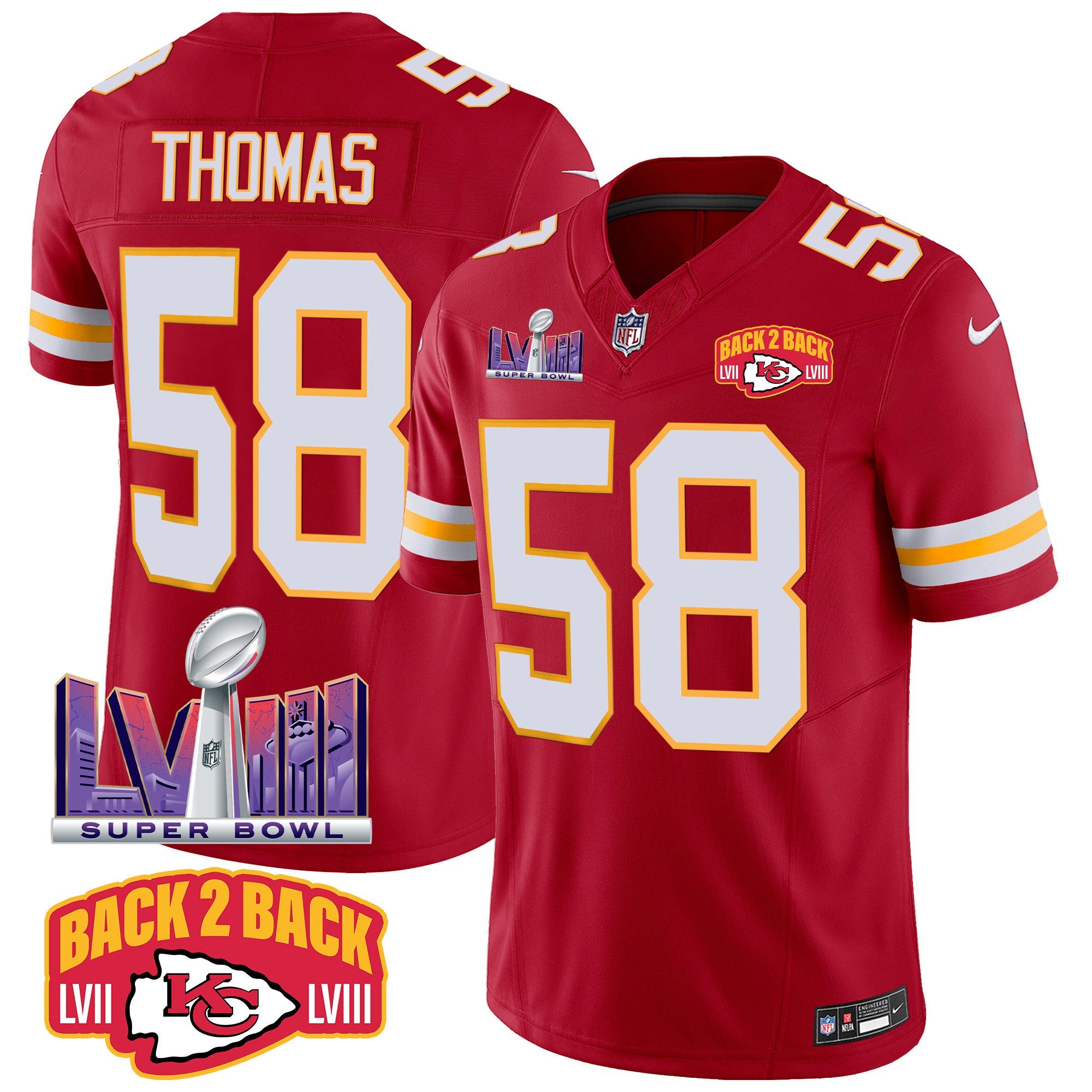 Hunk Wear - Chiefs Super Bowl LVIII & Back 2 Back Patch Vapor Jersey – All Stitched – Red – Derrick Thomas Jersey